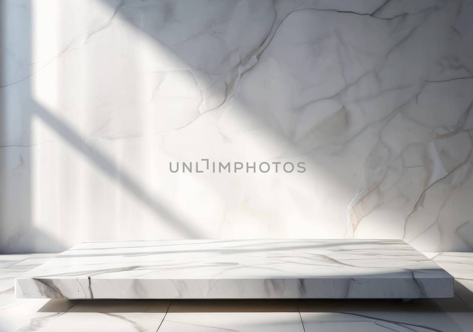 White stone table top and background of white marble stone wall. White marble podium with shadows. White pedestal podium, products display mockup. Showcase stage display. Pedestal for product presentation