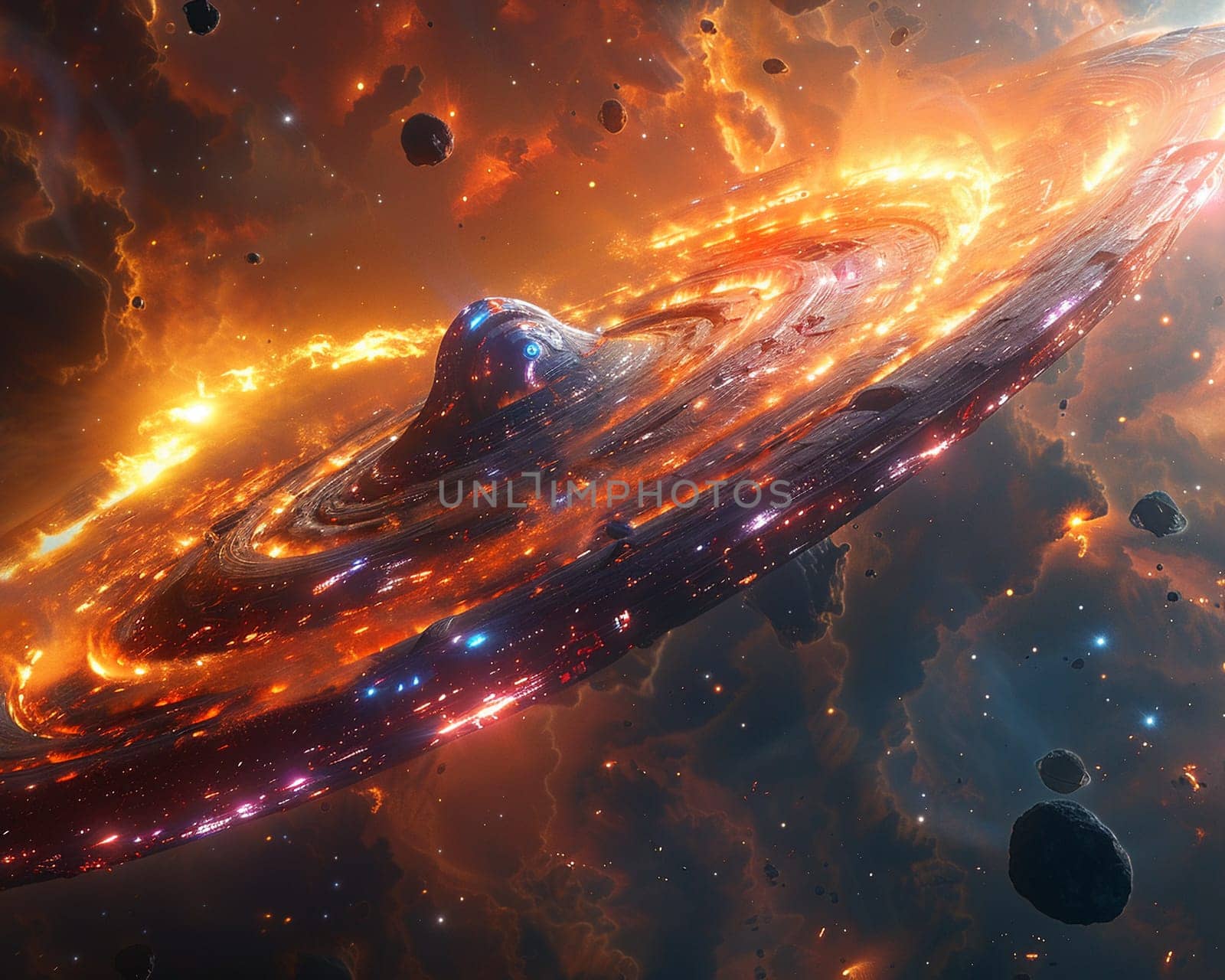 Starship navigating through a wormhole, in a digitally illustrated cosmic journey.
