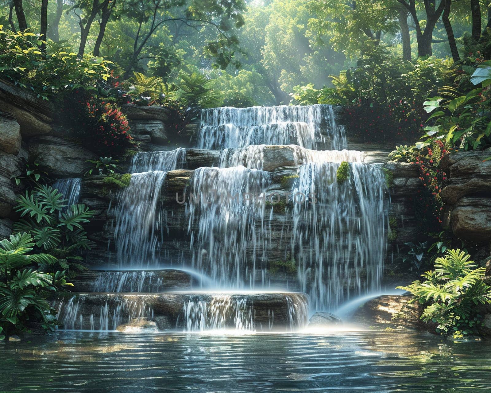 Waterfall oasis digitally created in Photoshop, featuring serene water flows surrounded by lush vegetation.