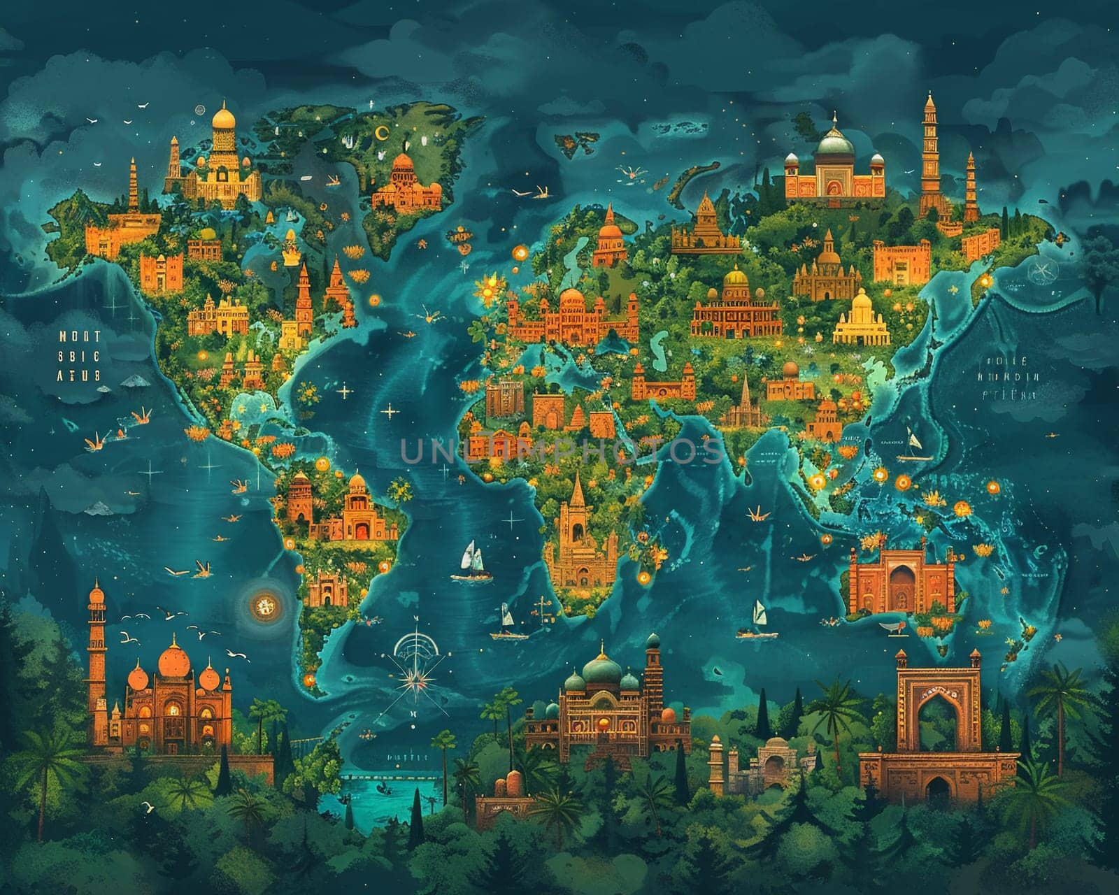 World map in a unique digital art style, creatively highlighting different cultures and landmarks.