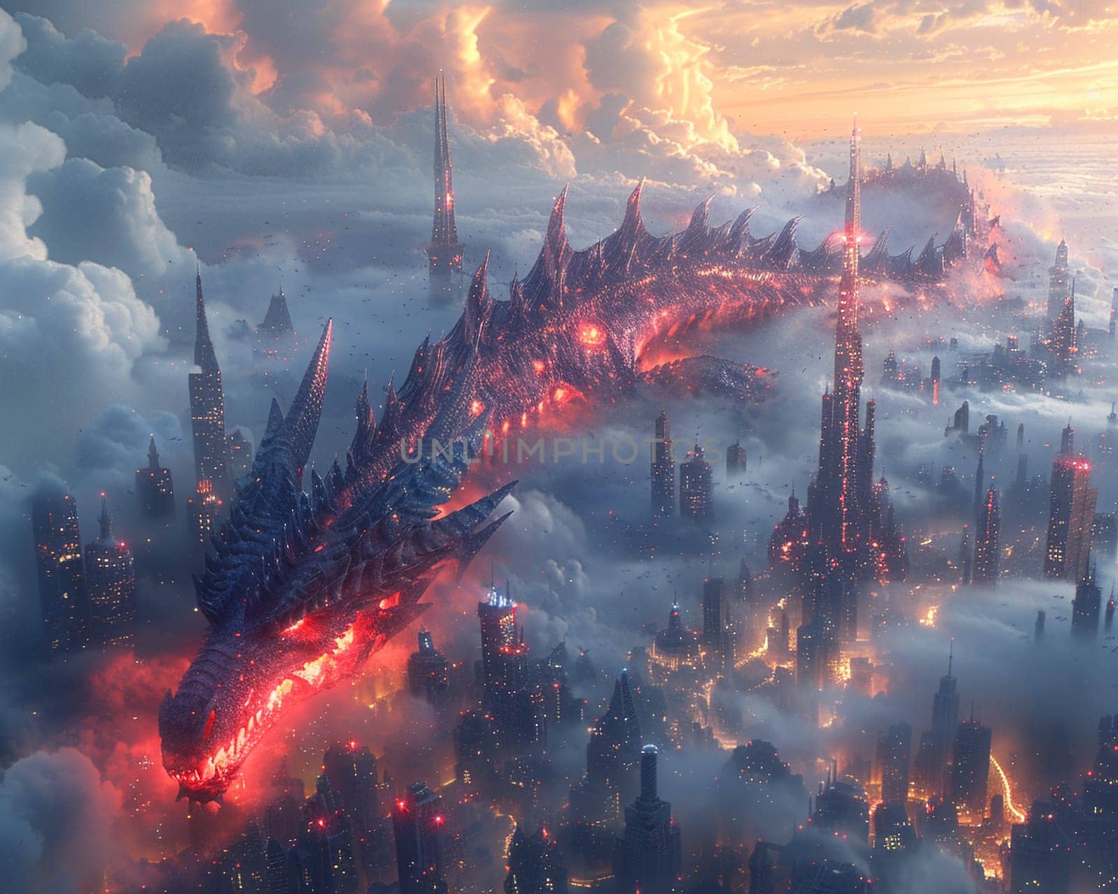 Fantasy combining dragons and technology in a mesmerizing cityscape. by Benzoix