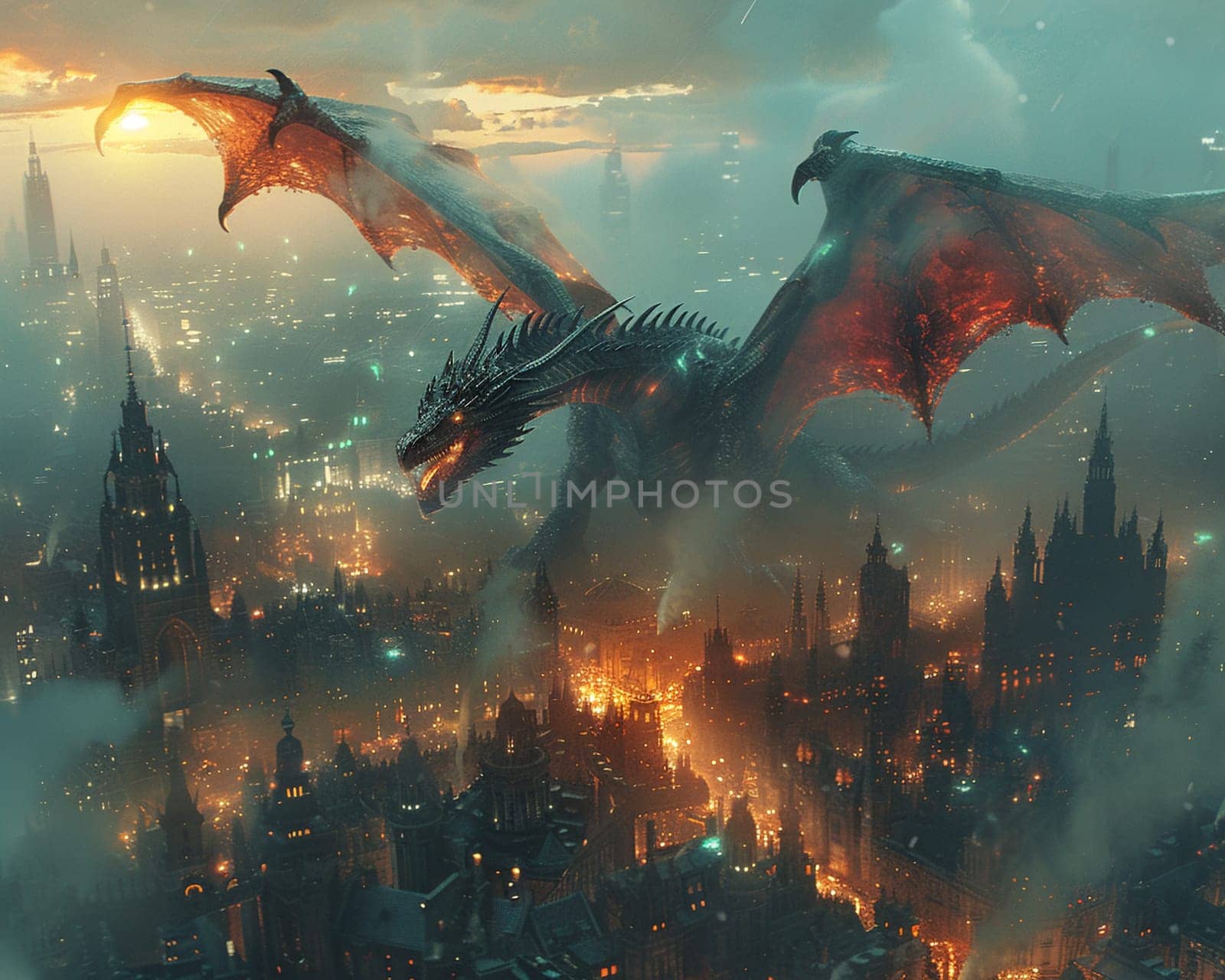 Fantasy combining dragons and technology in a mesmerizing cityscape. by Benzoix
