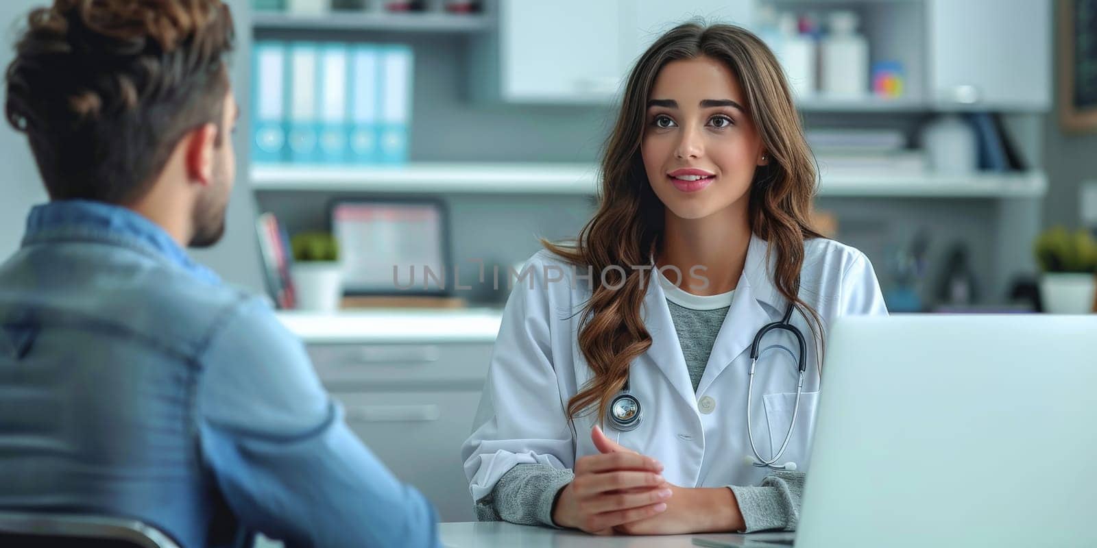 A whitecollar worker is sitting at a desk with a laptop talking to a patient. The doctor smiles and gestures while sharing information on the personal computer screen