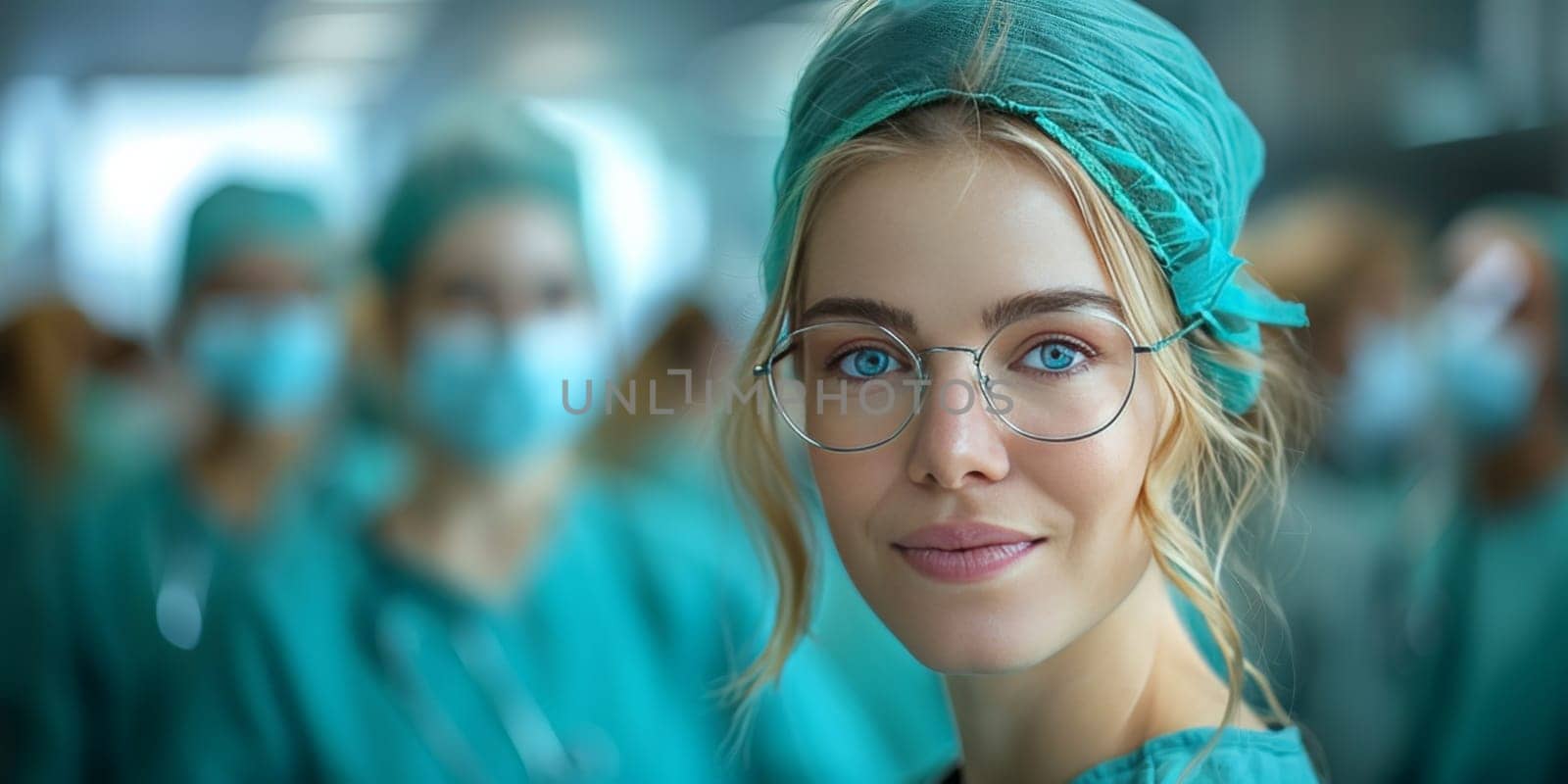 A female surgeon wearing electric blue surgical cap and glasses is smiling at the camera, showcasing her stylish eyewear and jewellery