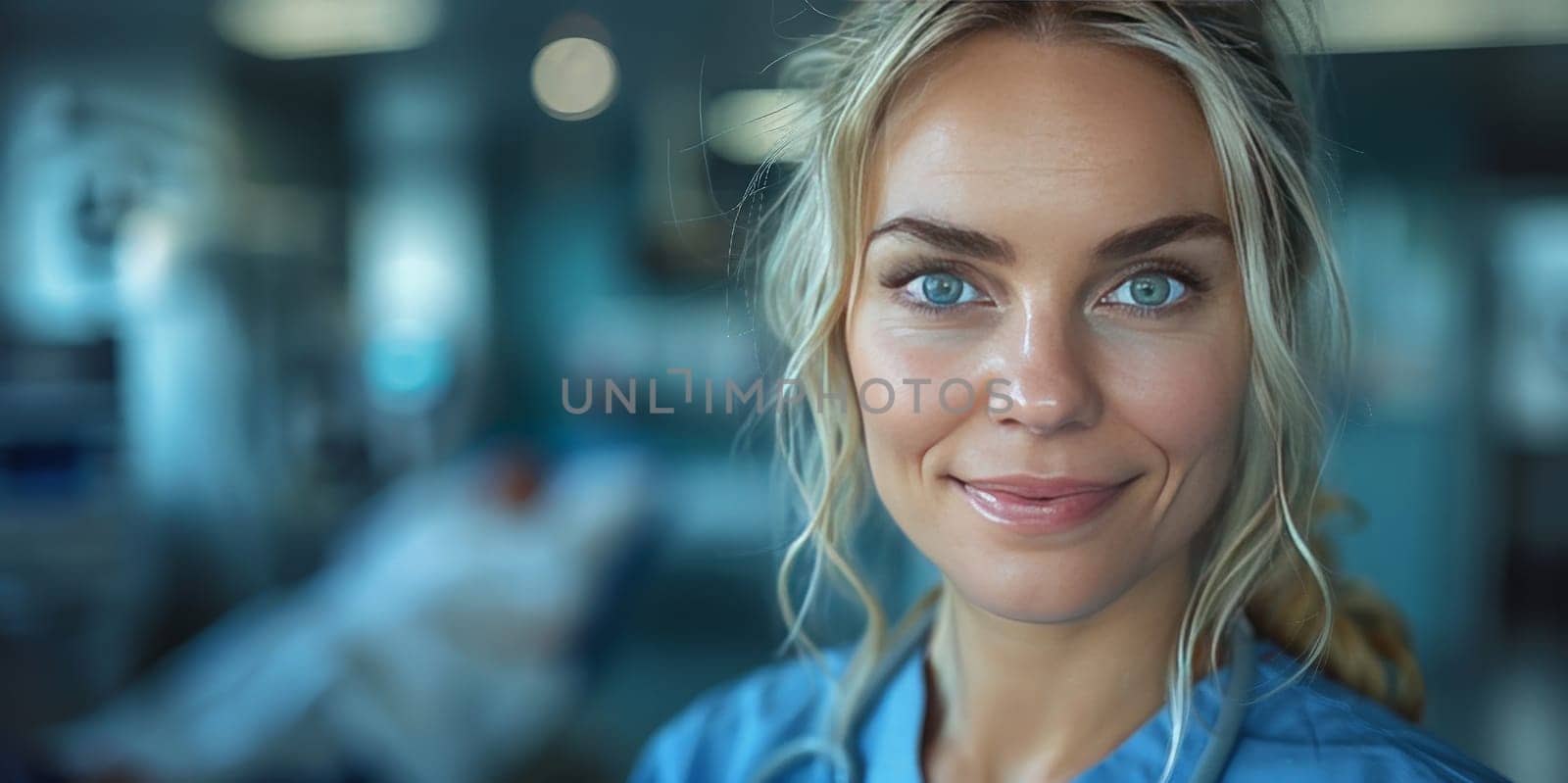 A female doctor with electric blue eyes and a bright smile is posing for a portrait photography in a hospital room, looking happy and pleased