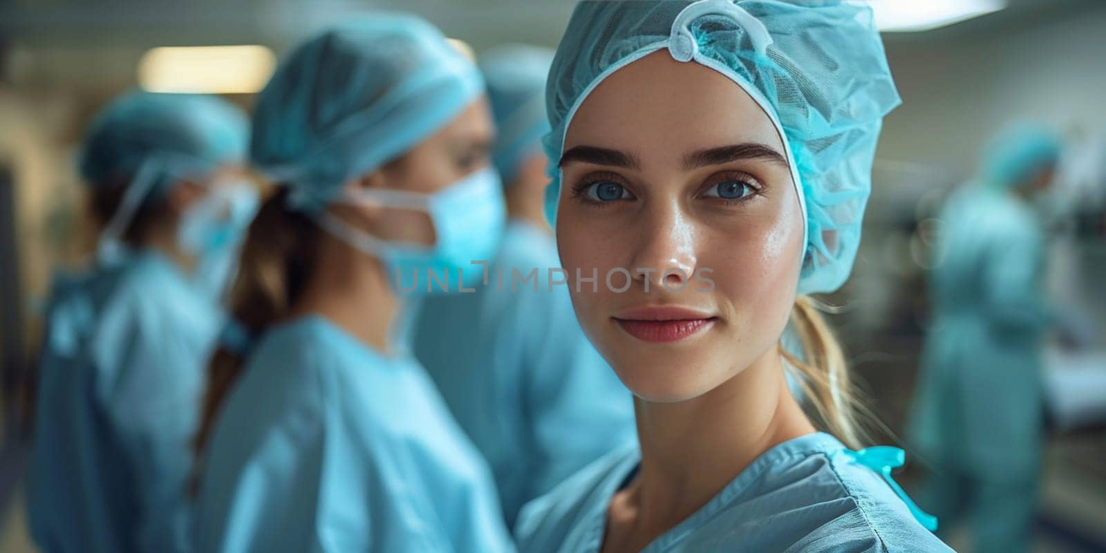 A female health care provider in surgical scrubs, wearing a cap and gown, smiles at the camera in the operating room, showcasing her eyebrows and eyelashes