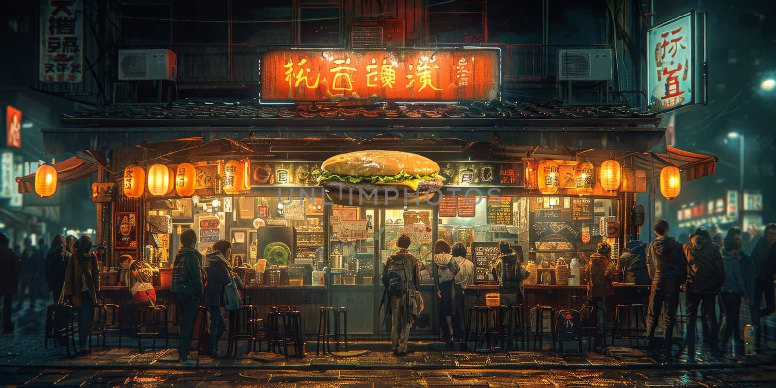 A crowd of people gathers outside a fast food restaurant in the city at midnight, enjoying the entertainment from a nearby music venue. The heat of the night adds to the lively atmosphere