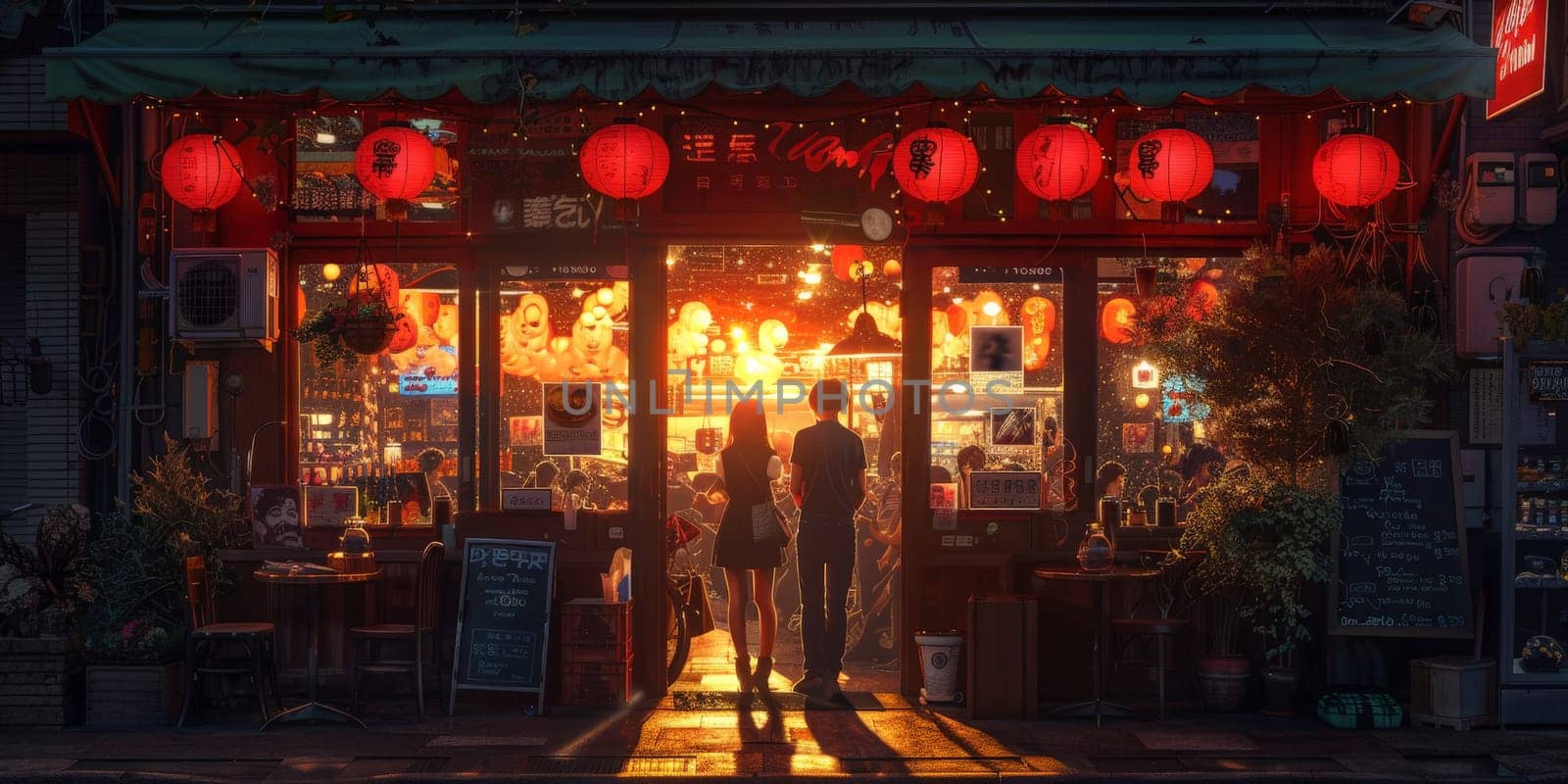 Amber and Orange lighting from the red lanterns illuminate the facade of the store as a man and woman stand in the city at evening, enjoying the entertainment event in the darkness