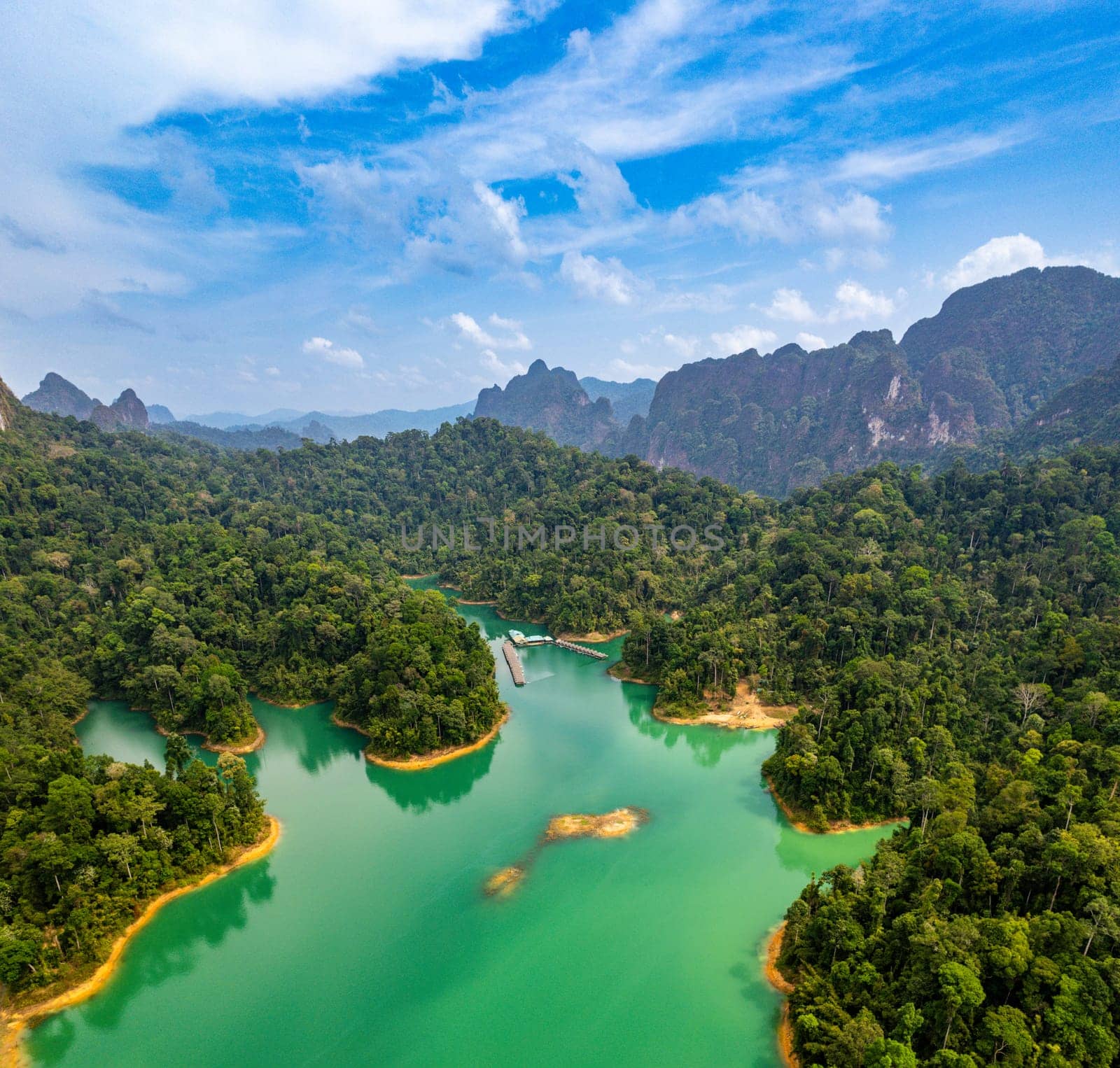 Aerial view of Khao Sok national park, in Cheow lan lake, Surat Thani, Thailand by worldpitou