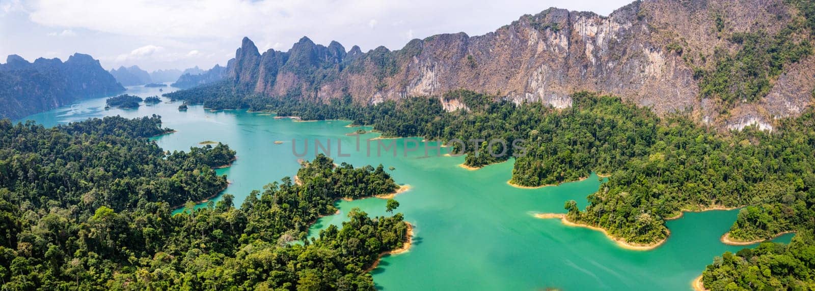 Aerial view of Khao Sok national park, in Cheow lan lake, Surat Thani, Thailand, south east asia