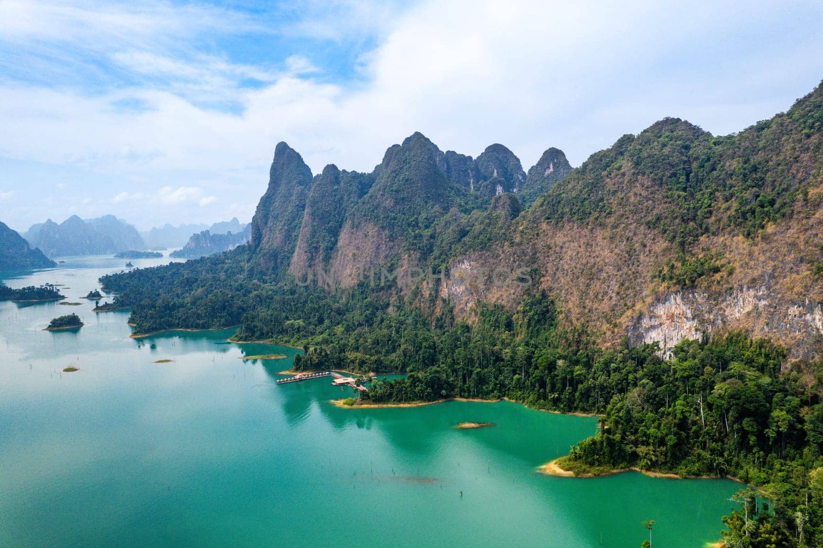 Aerial view of Khao Sok national park, in Cheow lan lake, Surat Thani, Thailand, south east asia