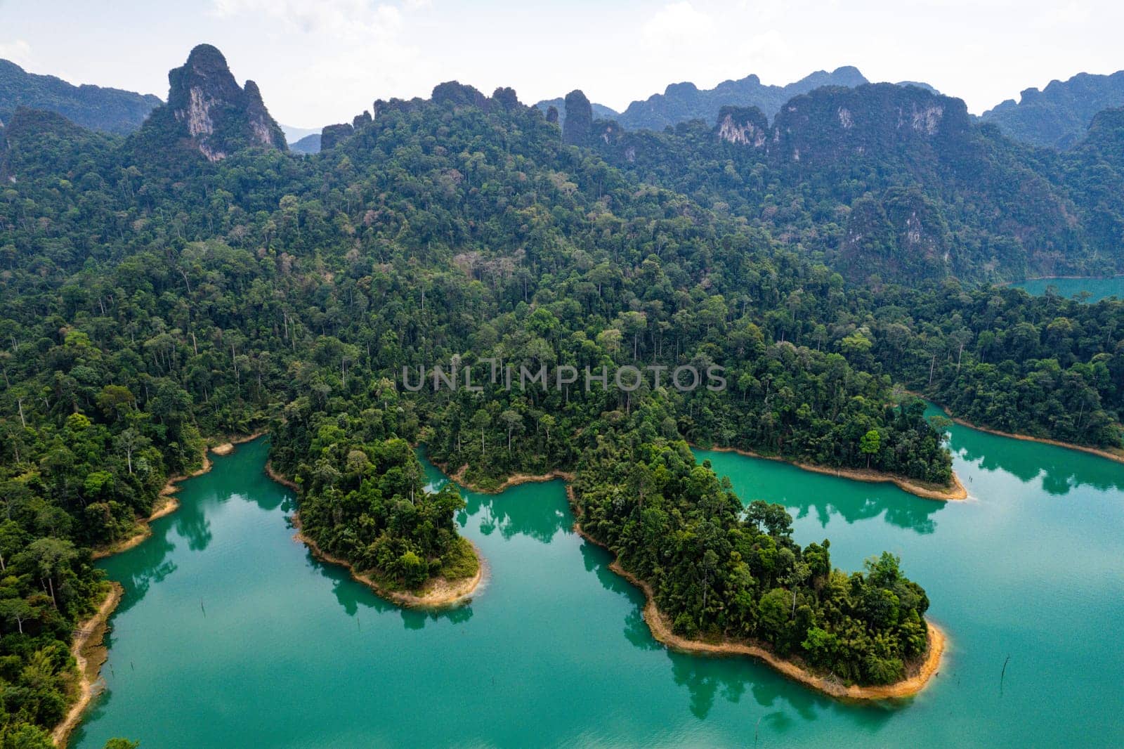 Aerial view of Khao Sok national park, in Cheow lan lake, Surat Thani, Thailand, south east asia