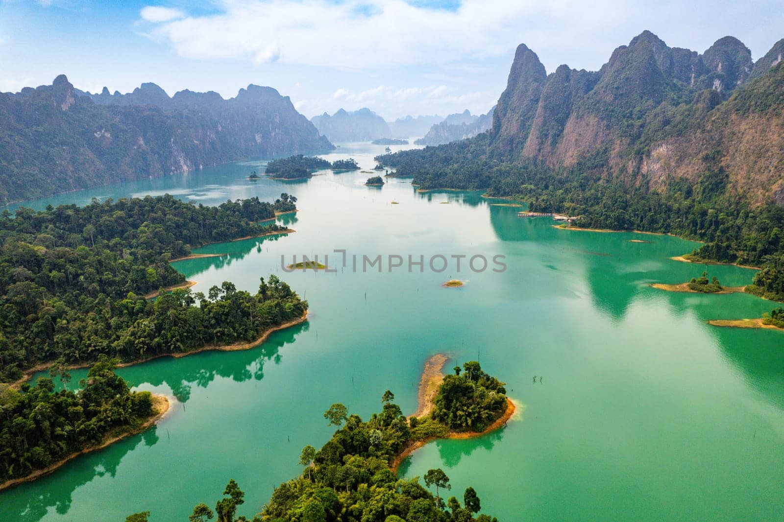 Aerial view of Khao Sok national park, in Cheow lan lake, Surat Thani, Thailand, south east asia