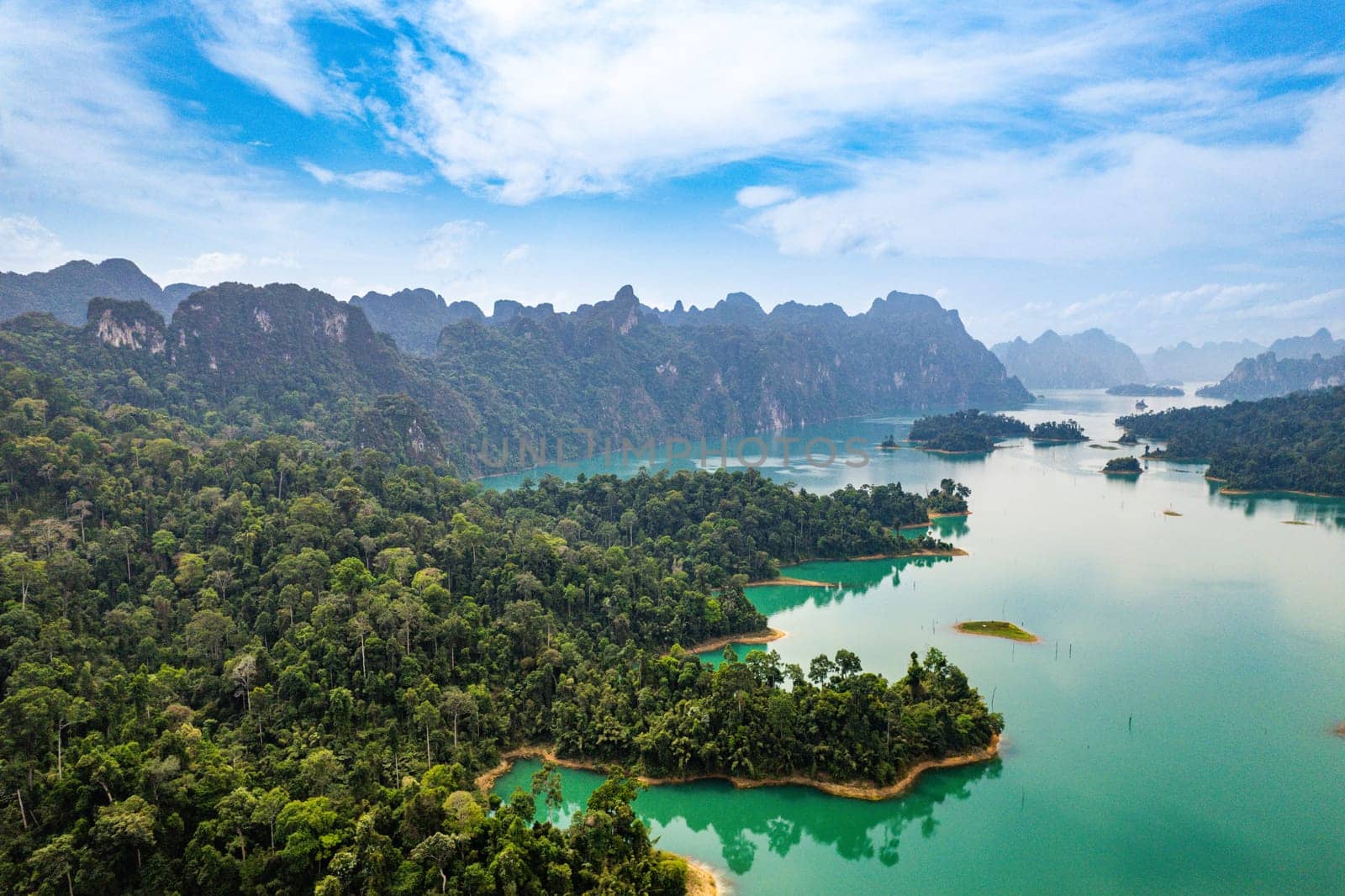 Aerial view of Khao Sok national park, in Cheow lan lake, Surat Thani, Thailand, south east asia