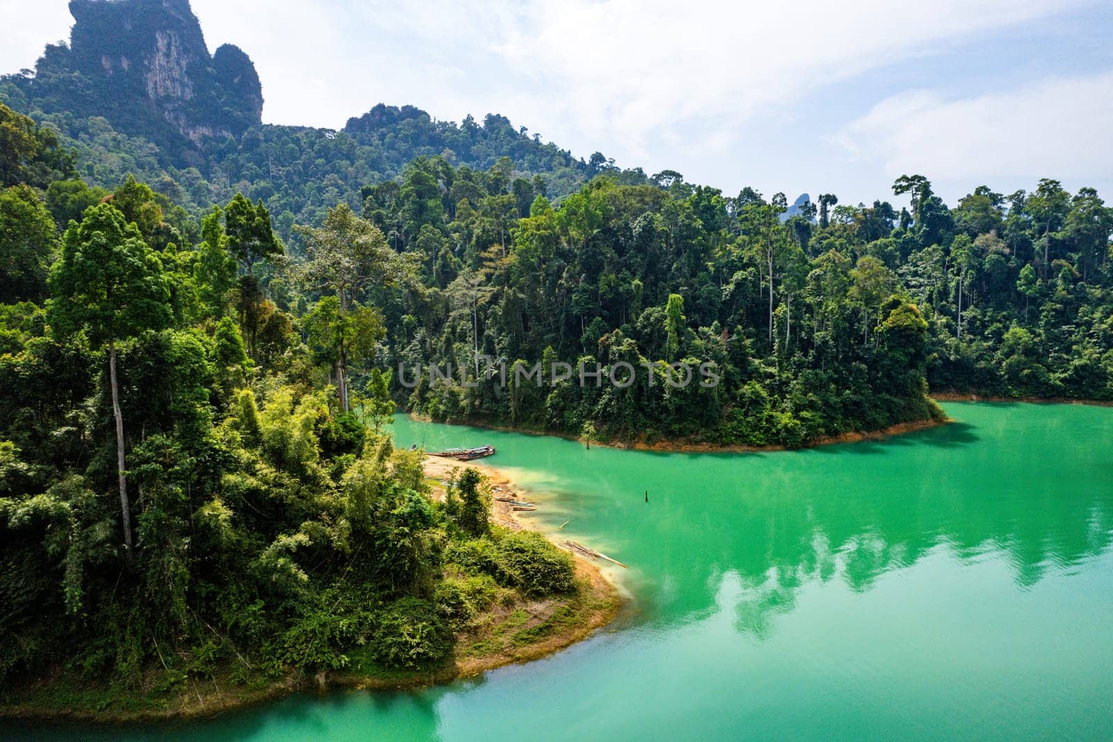 Aerial view of Khao Sok national park, in Cheow lan lake, Surat Thani, Thailand, south east asia