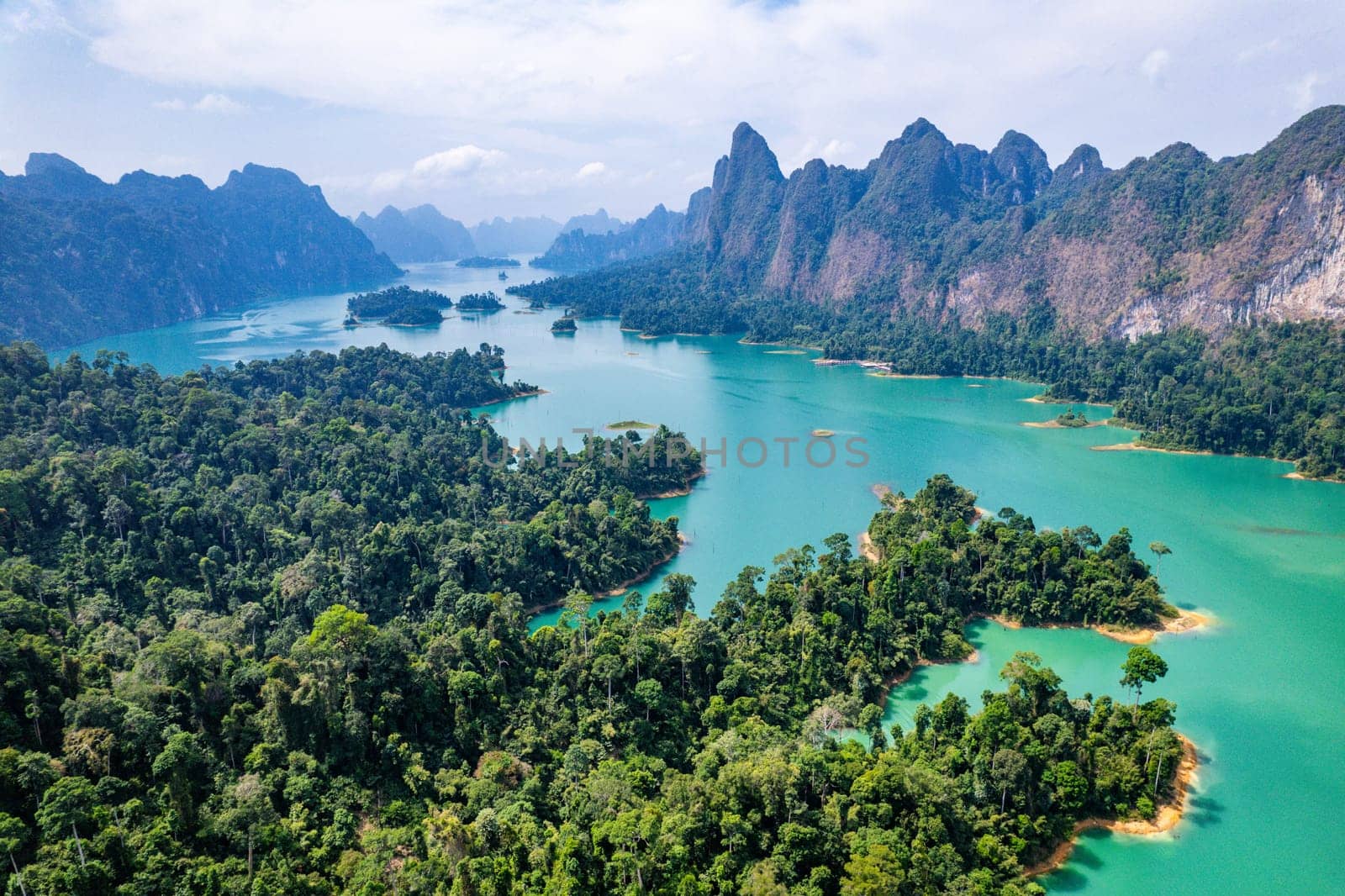 Aerial view of Khao Sok national park, in Cheow lan lake, Surat Thani, Thailand, south east asia