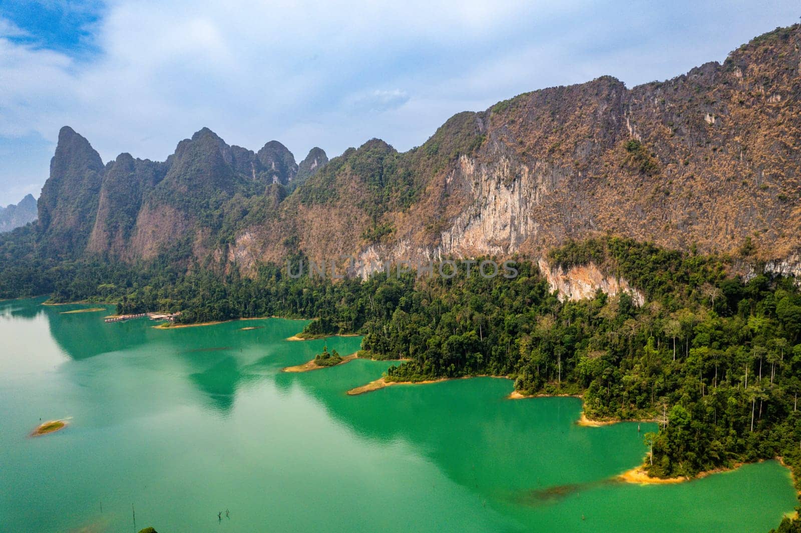 Aerial view of Khao Sok national park, in Cheow lan lake, Surat Thani, Thailand, south east asia