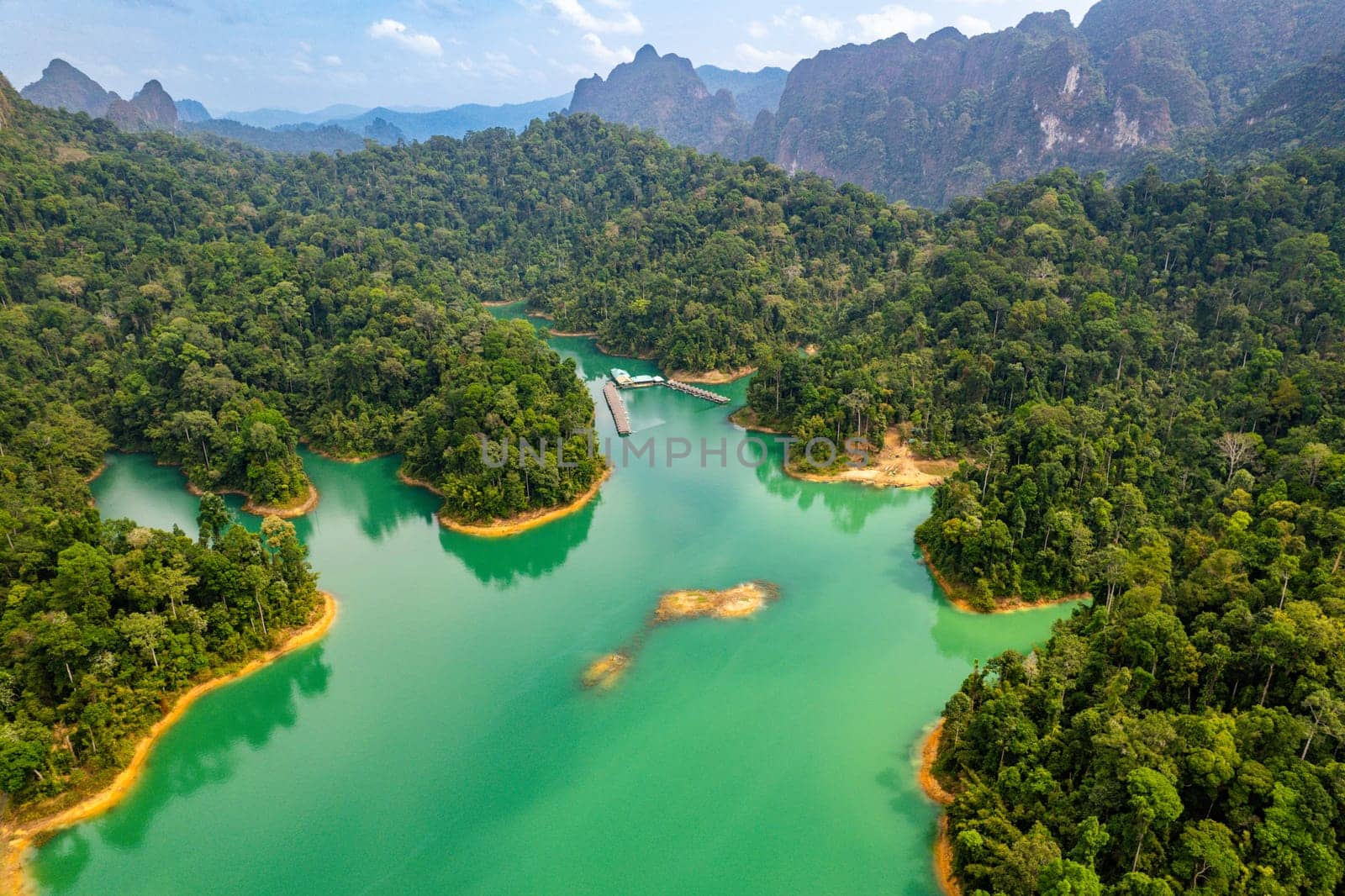 Aerial view of Khao Sok national park, in Cheow lan lake, Surat Thani, Thailand, south east asia