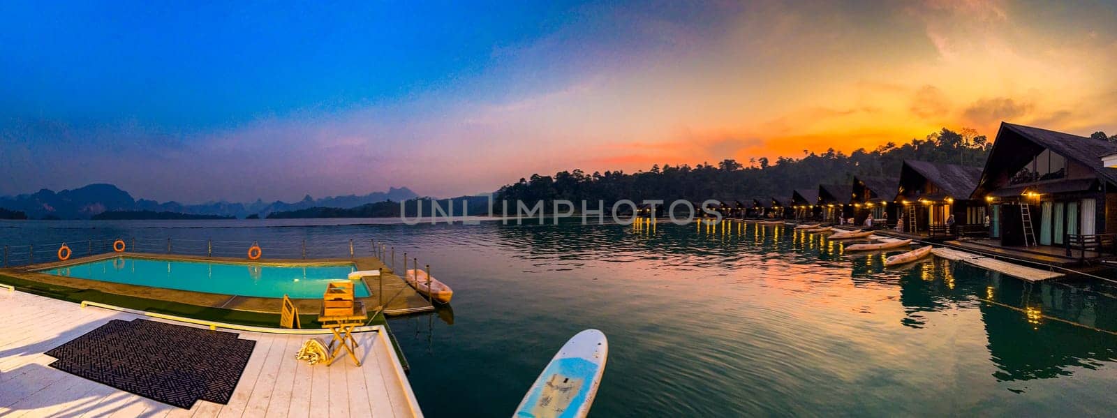 Floating bungalow on the Cheow lan Lake in Khao Sok National Park in Surat Thani, Thailand. South east asia