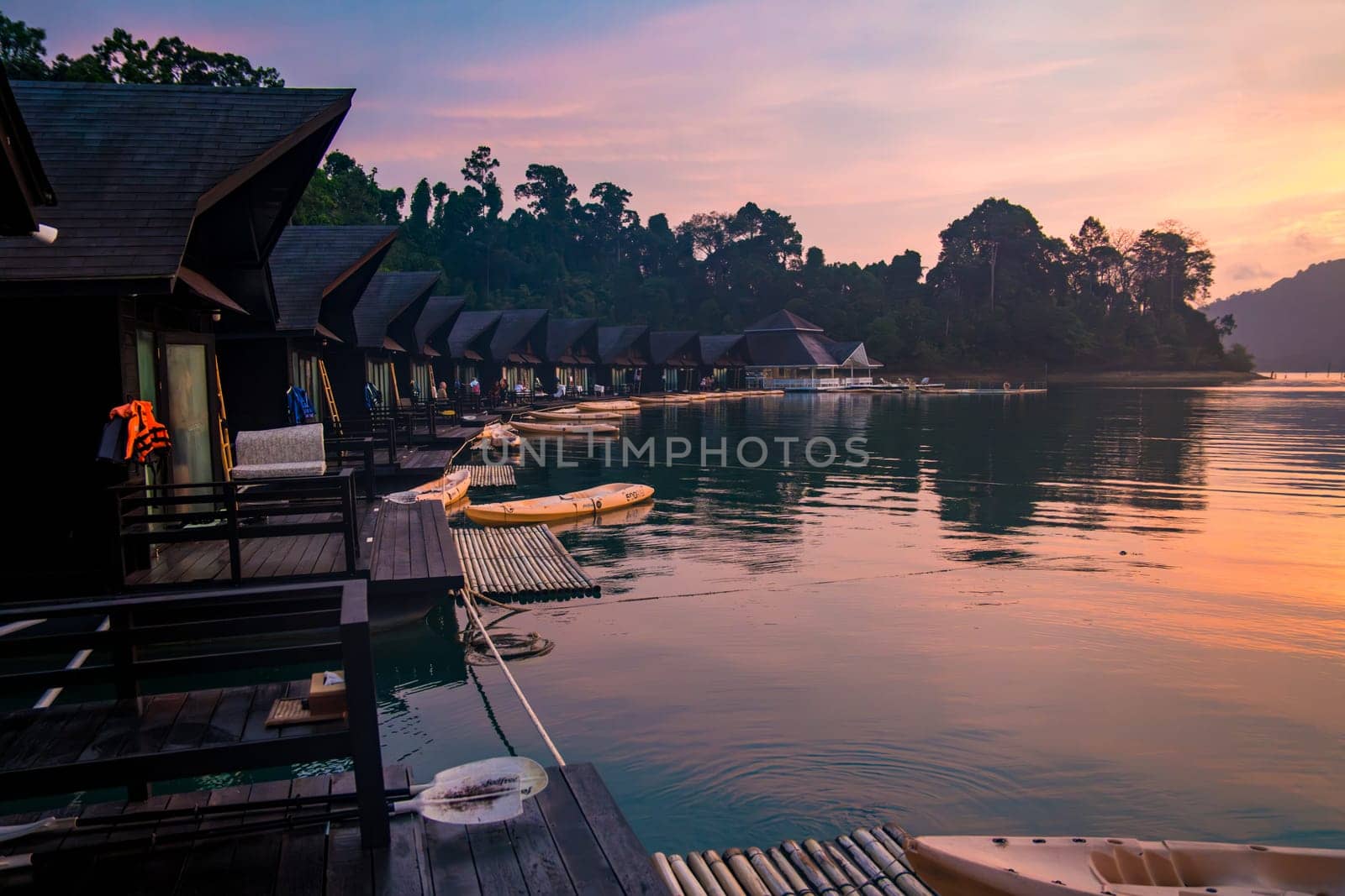 Floating bungalow on the Cheow lan Lake in Khao Sok National Park in Surat Thani, Thailand. South east asia