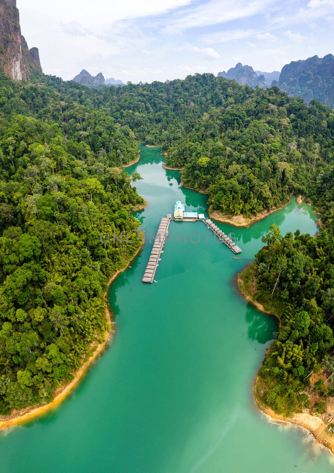 Floating bungalow on the Cheow lan Lake in Khao Sok National Park in Surat Thani, Thailand. South east asia