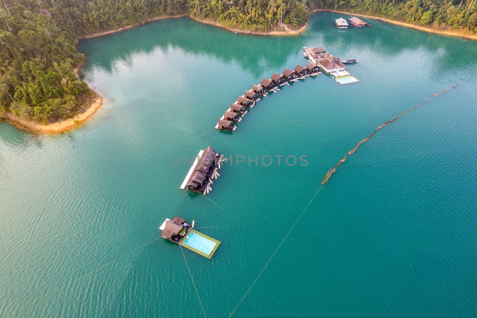 Floating bungalow on the Cheow lan Lake in Khao Sok National Park in Surat Thani, Thailand. South east asia