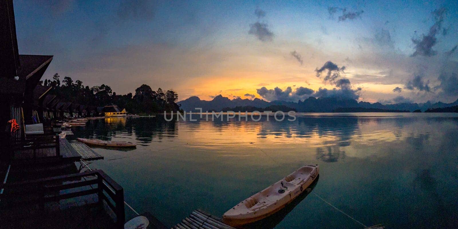 Floating bungalow on the Cheow lan Lake in Khao Sok National Park in Surat Thani, Thailand. South east asia