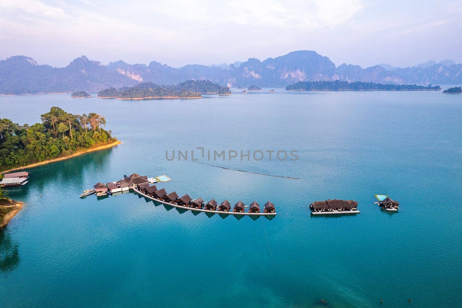 Floating bungalow on the Cheow lan Lake in Khao Sok National Park in Surat Thani, Thailand. South east asia