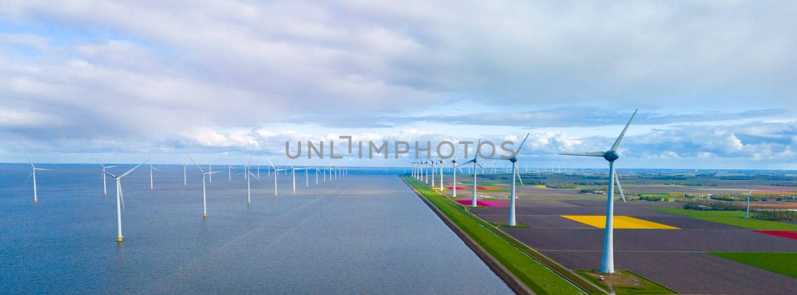 A serene scene unfolds as wind mills stand tall around a vast lake, harnessing the power of the wind in the Netherlands during Spring by fokkebok