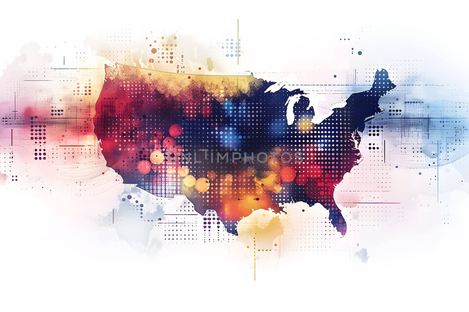 A vivid painting of the US map with scenic landscape and pack animals by Nadtochiy