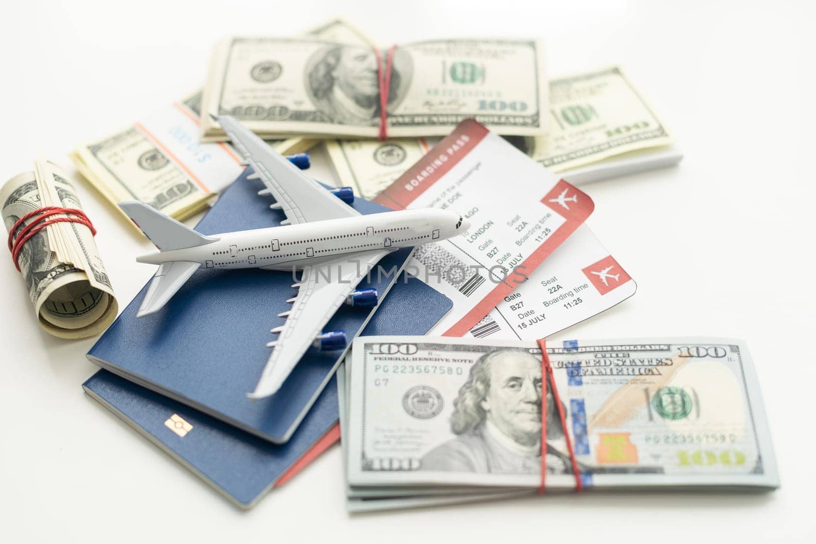white plane on dollar cash closeup. High quality photo