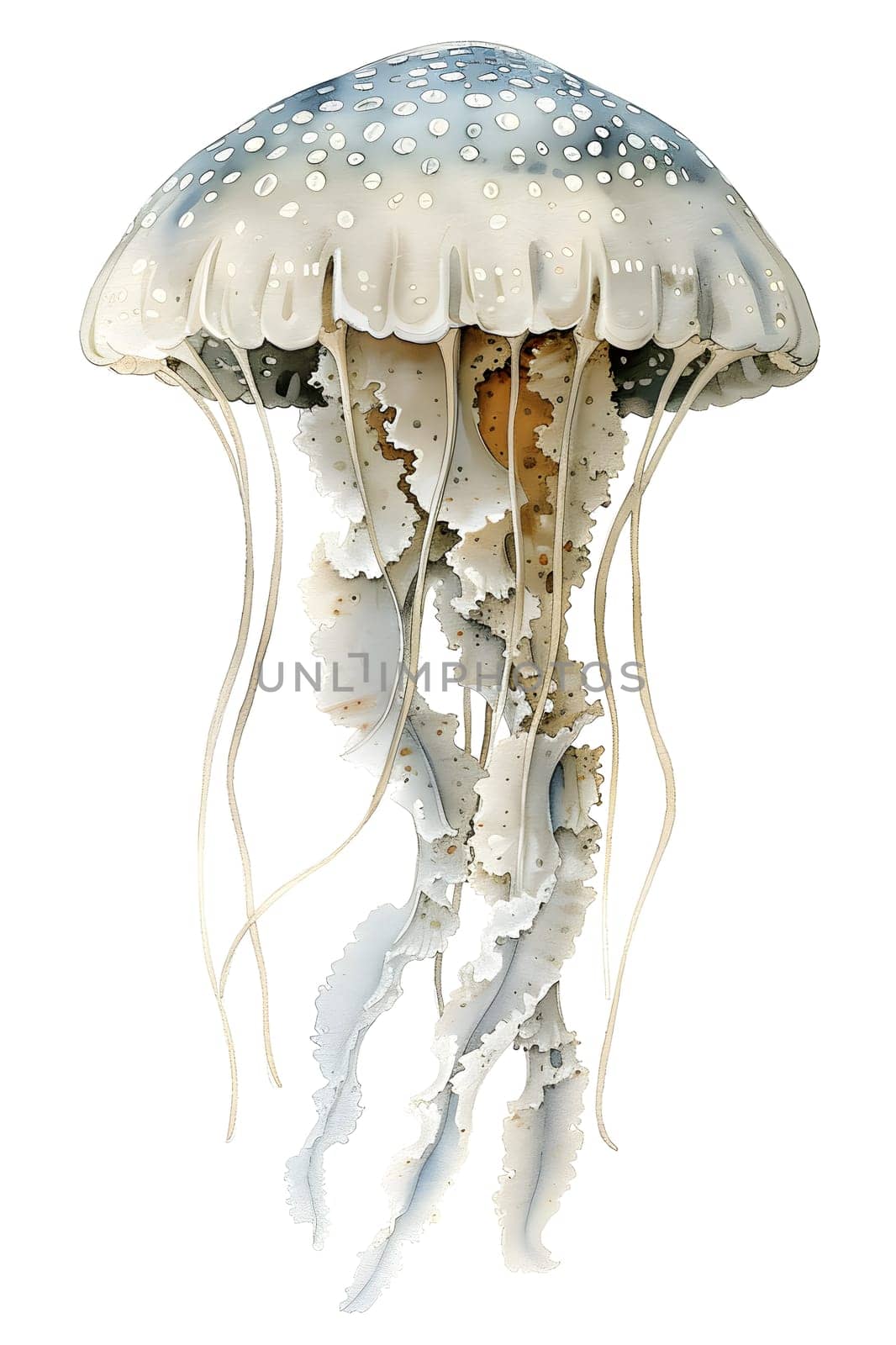 A freezing art piece of a jellyfish with long tentacles made from transparent material, resembling a fashion accessory, on a white background