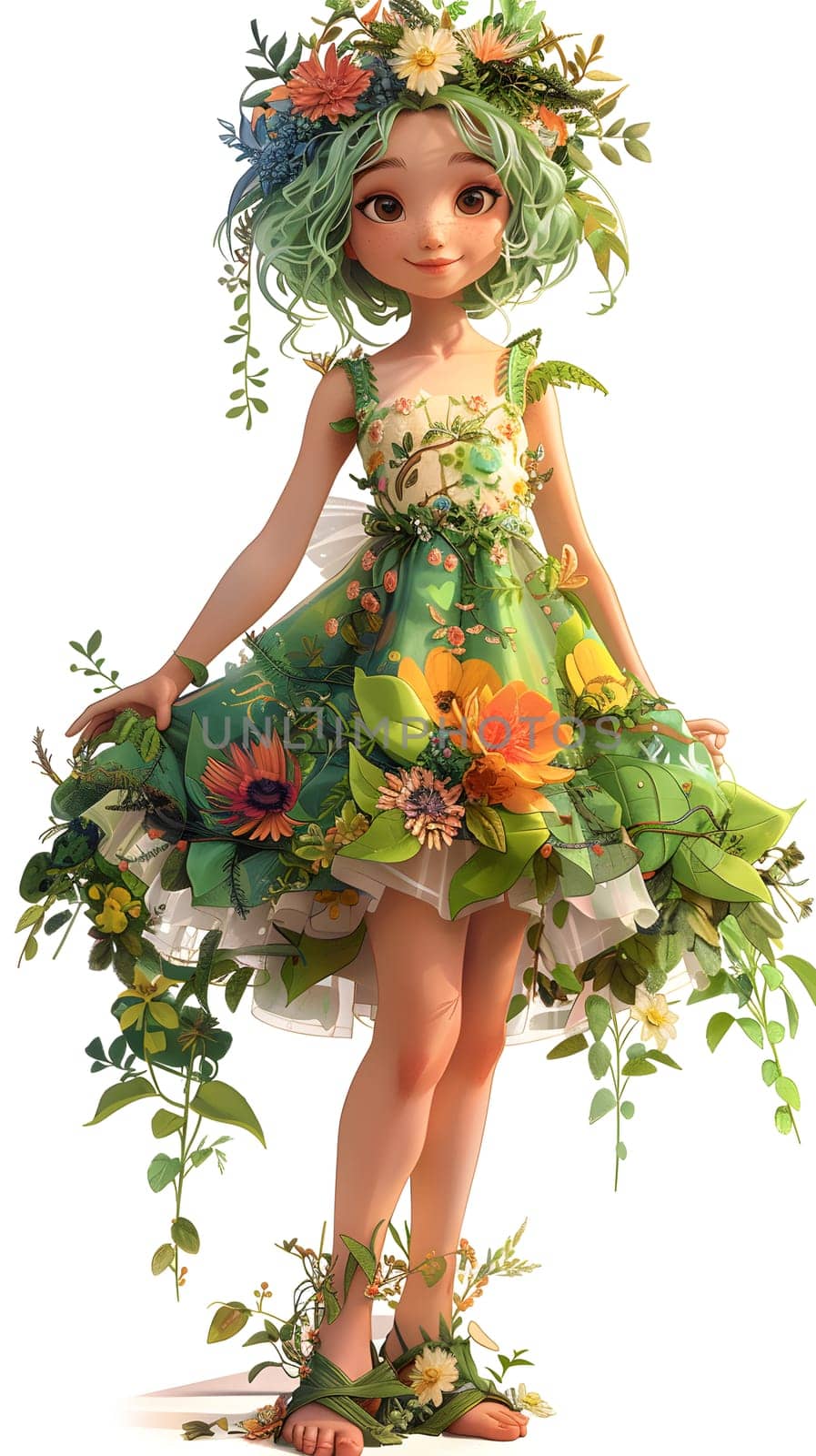 A doll with green hair is dressed in a green day dress, adorned with a wreath of flowers. The outfit is a cute baby and toddler clothing, perfect for a special event