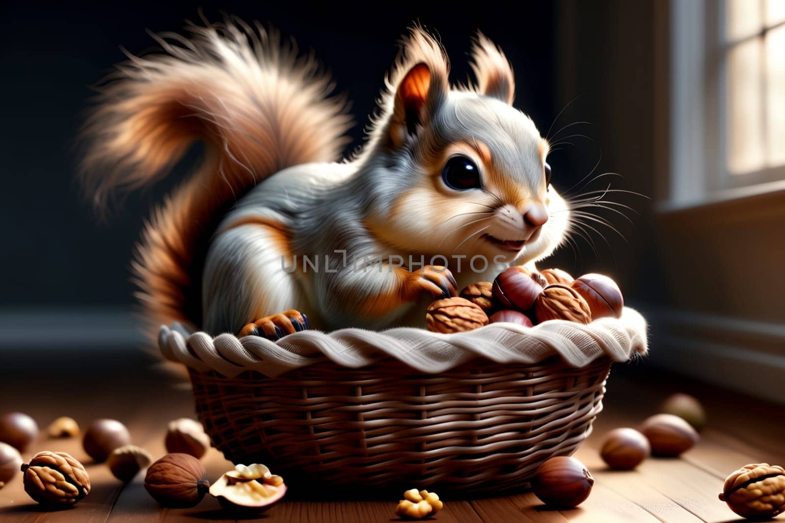 squirrel with nuts in a basket .