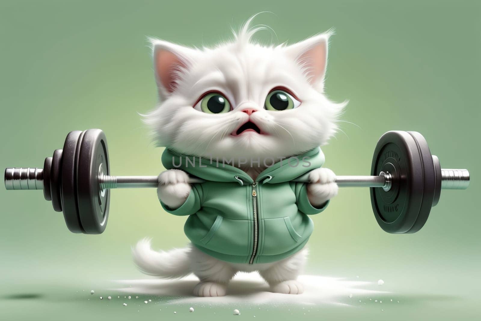 cute kitten goes in for sports, lifts a heavy barbell .