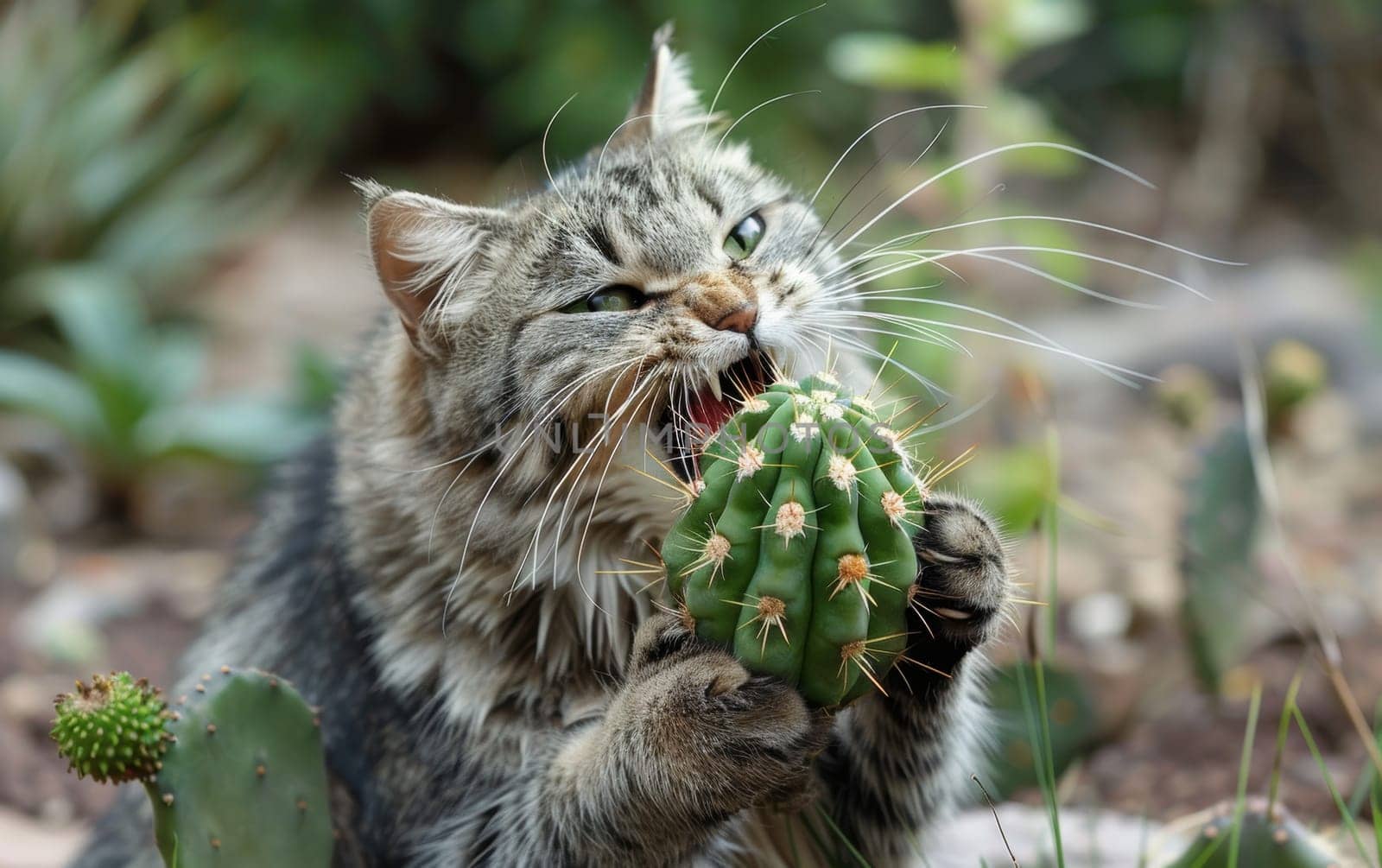 A fierce grey tabby cat aggressively chews on a small cactus in a natural garden setting, displaying wild instincts
