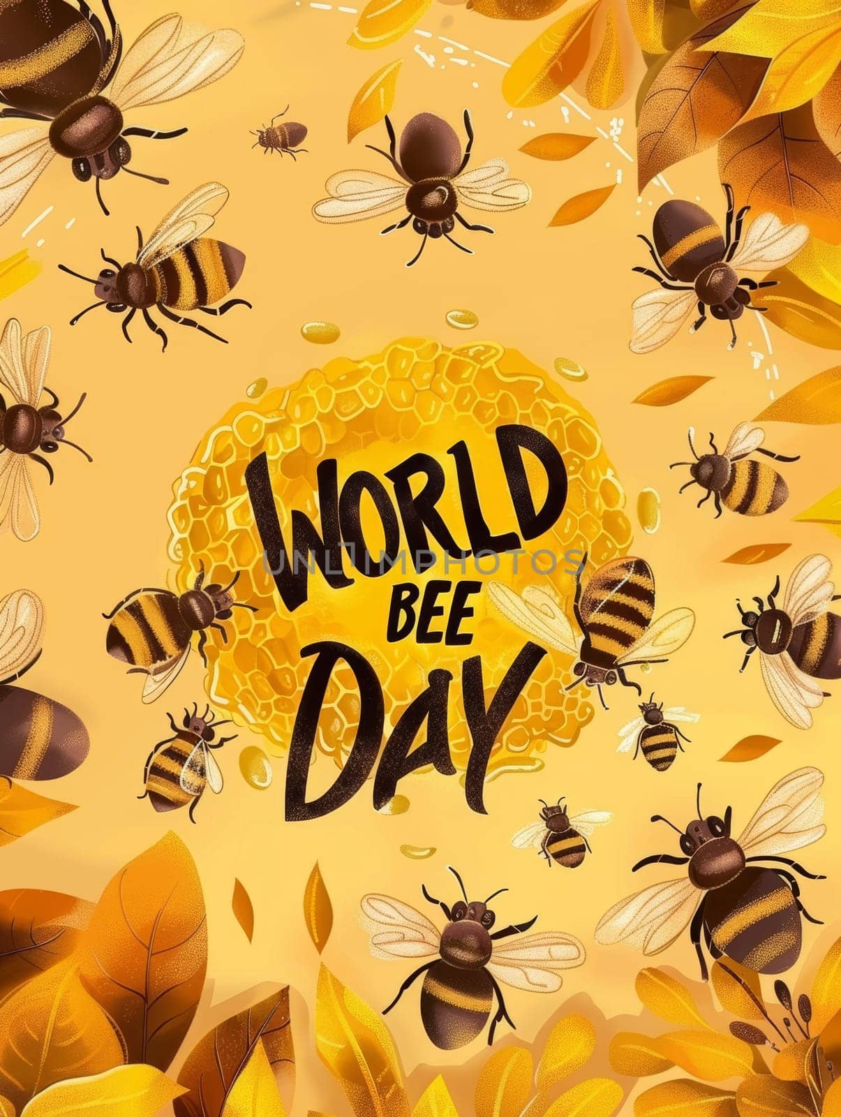 A whimsical and colorful illustration celebrating World Bee Day, featuring a variety of honeybees surrounded by a lush floral arrangement and playful typographic elements