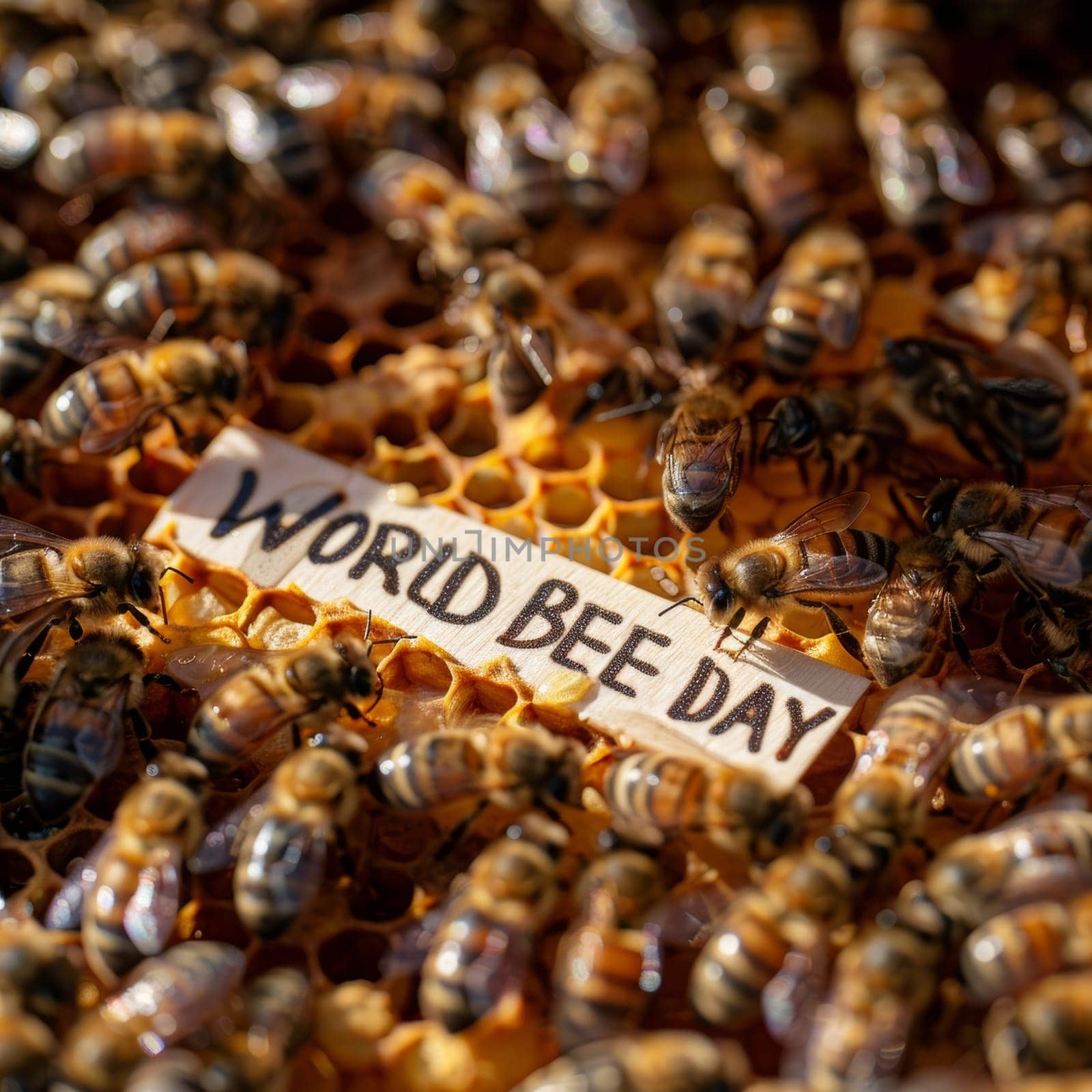 Honeybees buzz around a honeycomb with 'WORLD BEE DAY' marker, symbolizing their essential role in our ecosystem