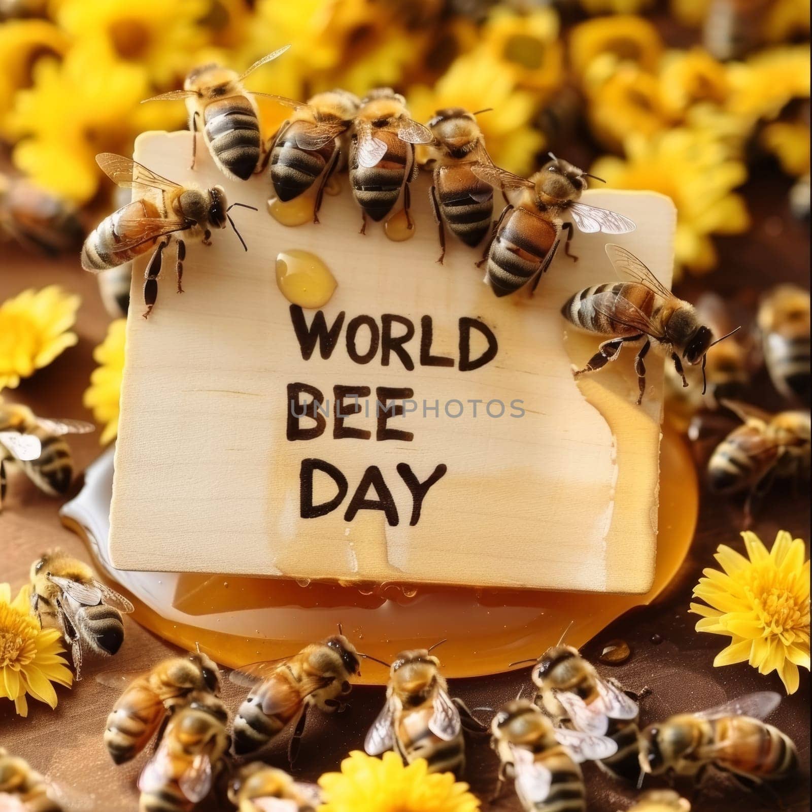 Celebratory image of bees on a honeycomb with a 'WORLD BEE DAY' note, surrounded by vibrant yellow flowers