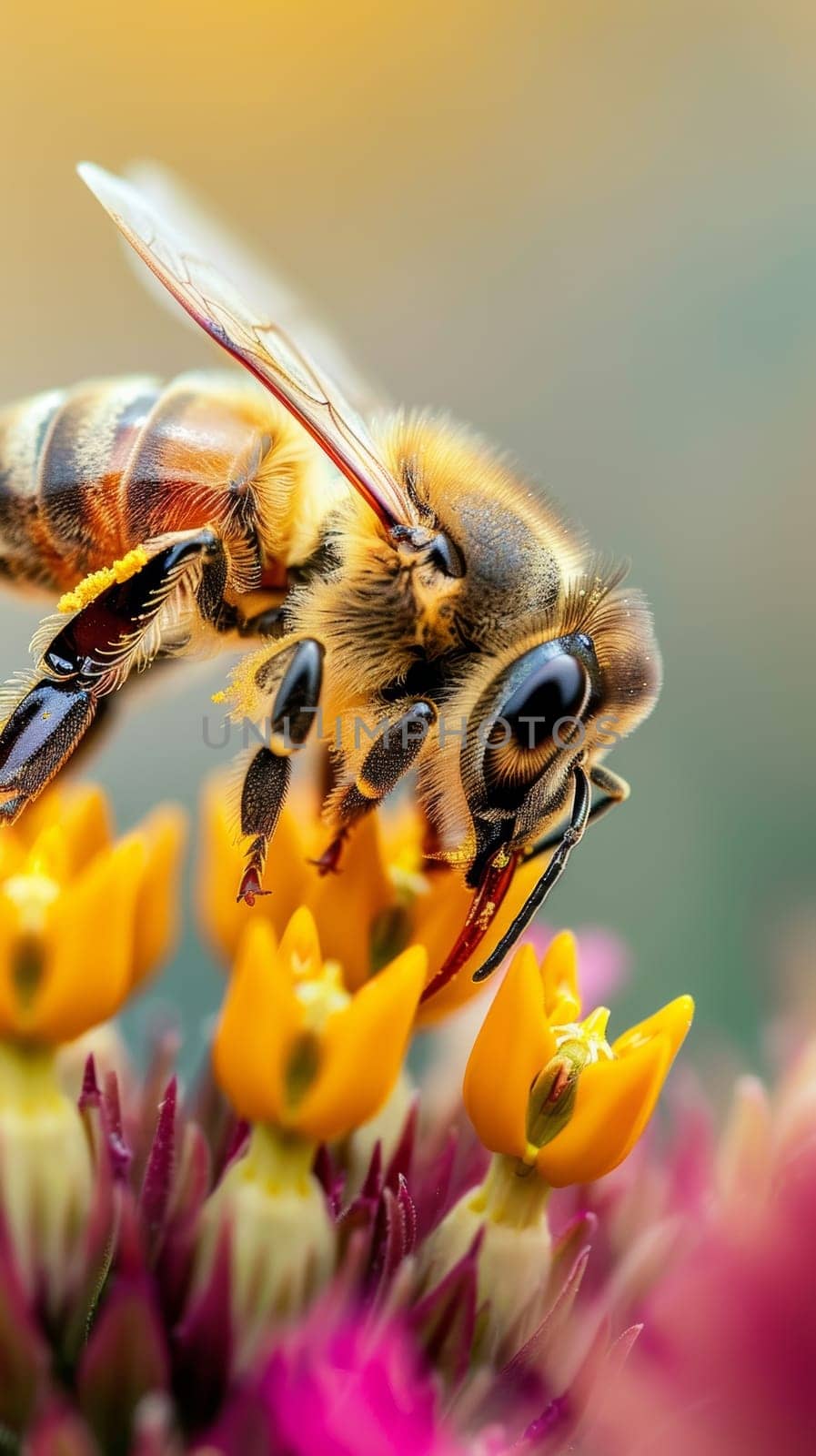 An incredibly detailed and mesmerizing close-up image of a honeybee navigating the intricate petals and structures of a vibrant flower blossom