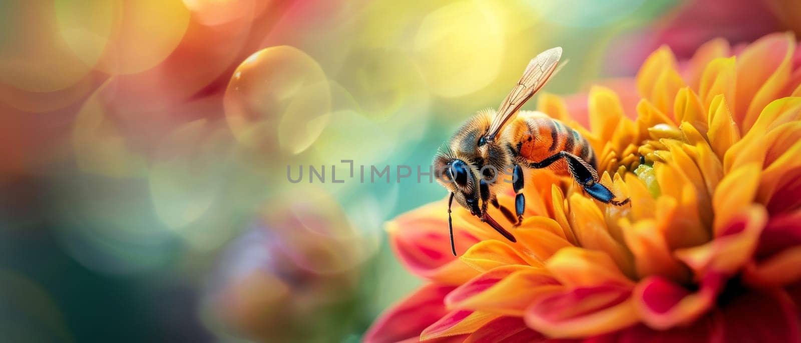 Immersed in the depths of a dahlia's petals, a bee is a study in contrast against the warm floral canvas