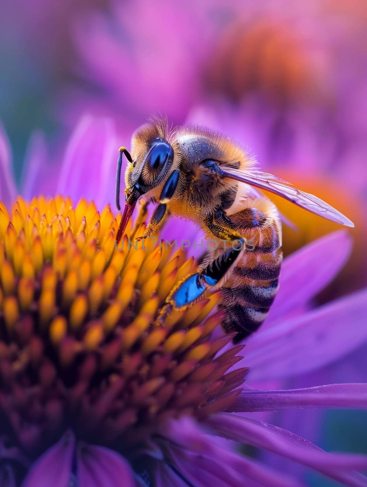 A close-up shot of a bee pollinating a vibrant, multi-colored flower, capturing the intricate details and vivid hues of the natural world