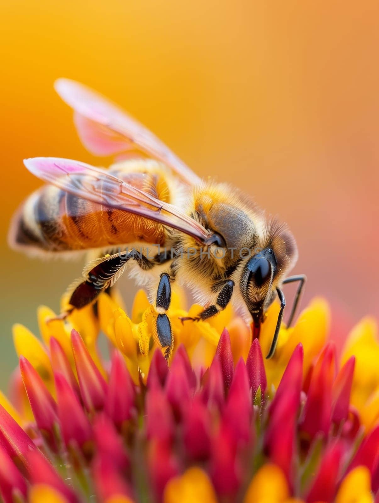 An amazingly close view of a bee immersed in a vibrant, multi-colored floral arrangement, showcasing the creature's impressive features and the breathtaking natural palette