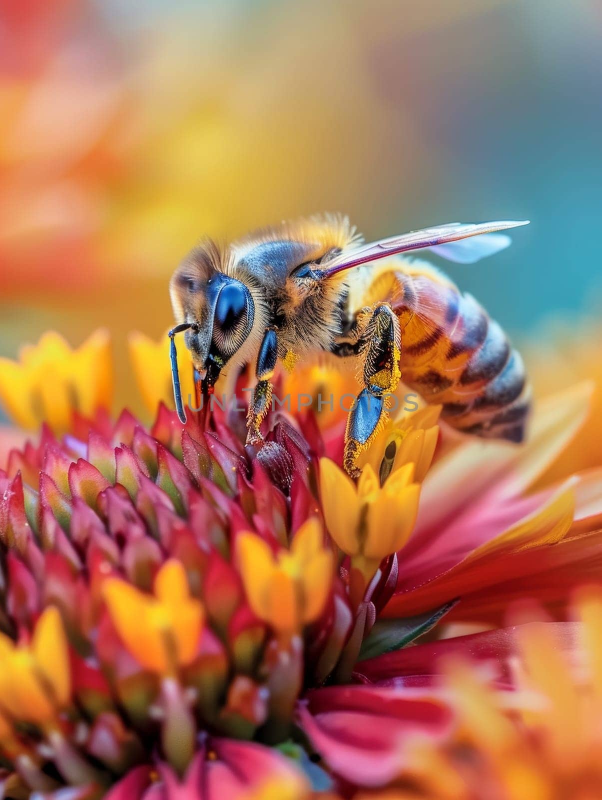 A close-up shot of a industrious honeybee gathering nectar from the vibrant, sun-kissed petals of a cheerful daisy flower, highlighting the vital role of pollinators in the natural world