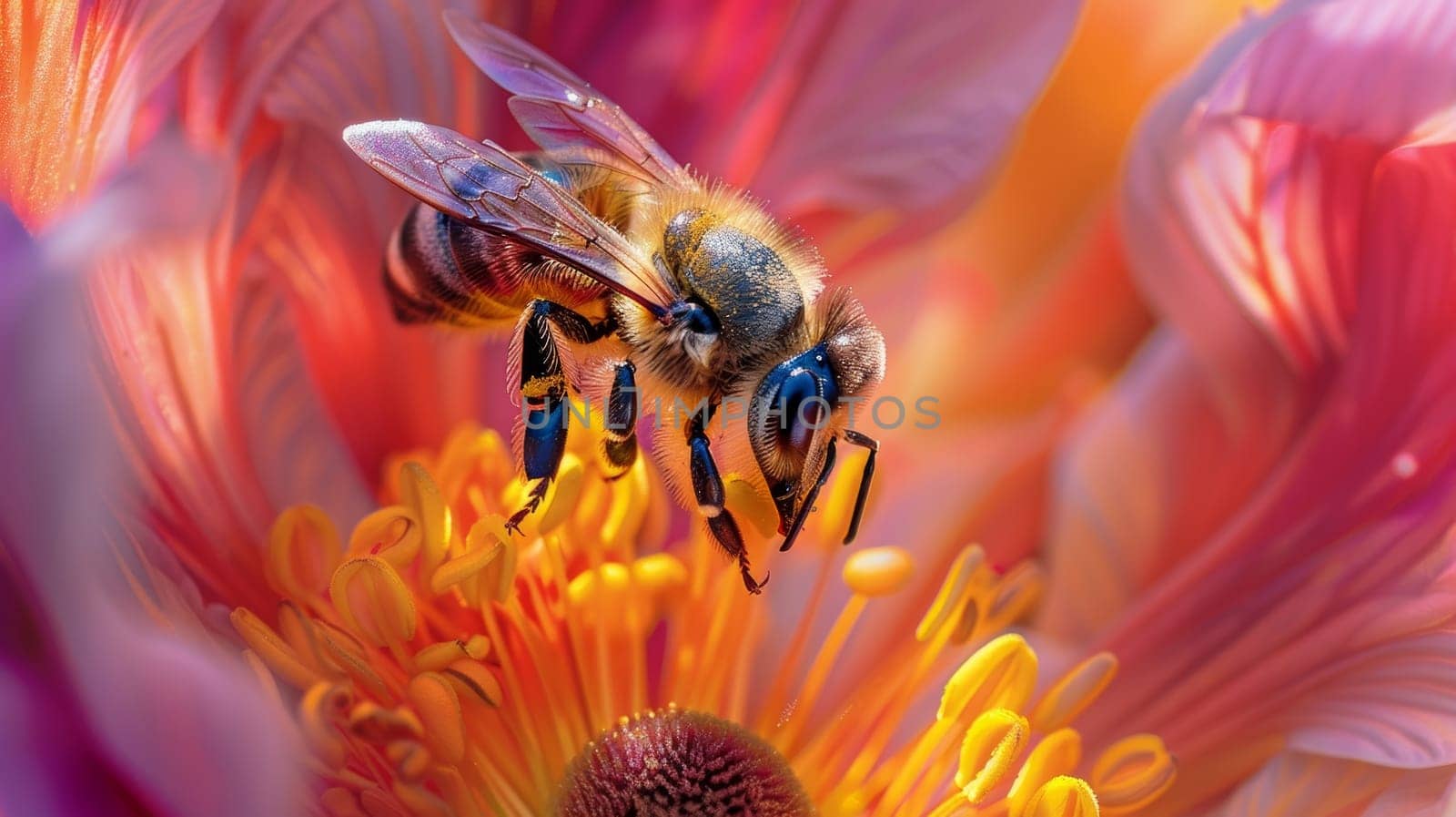 A close-up shot of a honey bee pollinating the pollen-rich center of a vibrant, colorful flower with delicate, feathery petals in shades of orange and purple