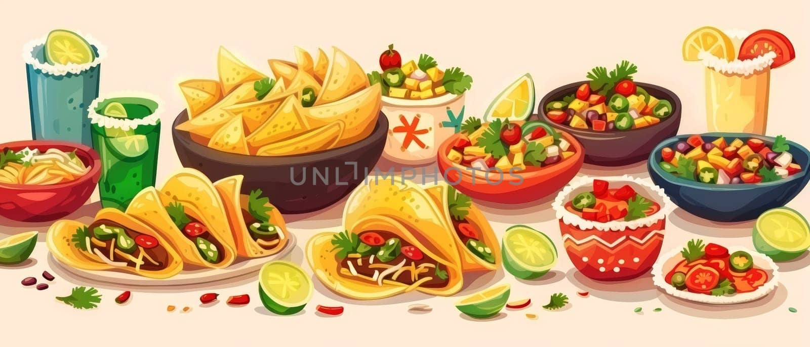 A vibrant and mouthwatering display of classic Mexican dishes, including tacos, salsas, guacamole, and more, creating a festive and flavorful scene. by sfinks