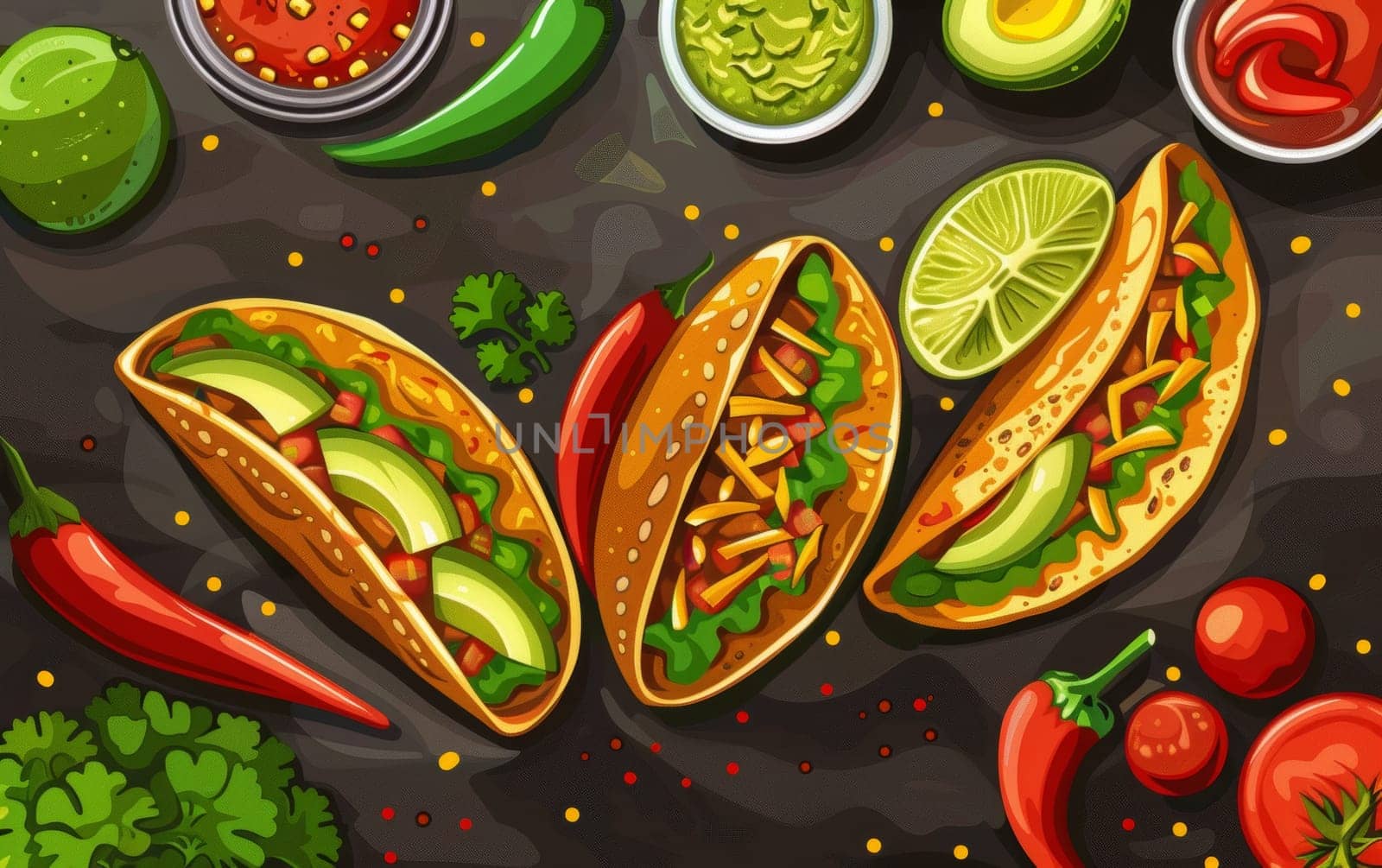 A festive illustration showcasing tacos richly filled with fresh greens, tomatoes, and cheese, set against a backdrop of condiments and vegetables