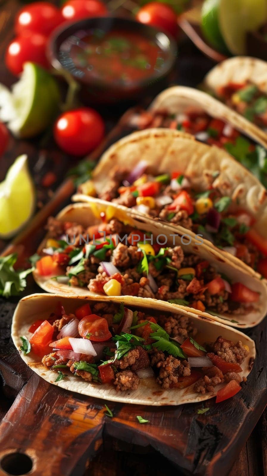 An appetizing display of freshly prepared Mexican tacos, loaded with seasoned ground meat, diced vegetables, and garnished with vibrant cilantro, sitting atop a wooden surface with ingredients.