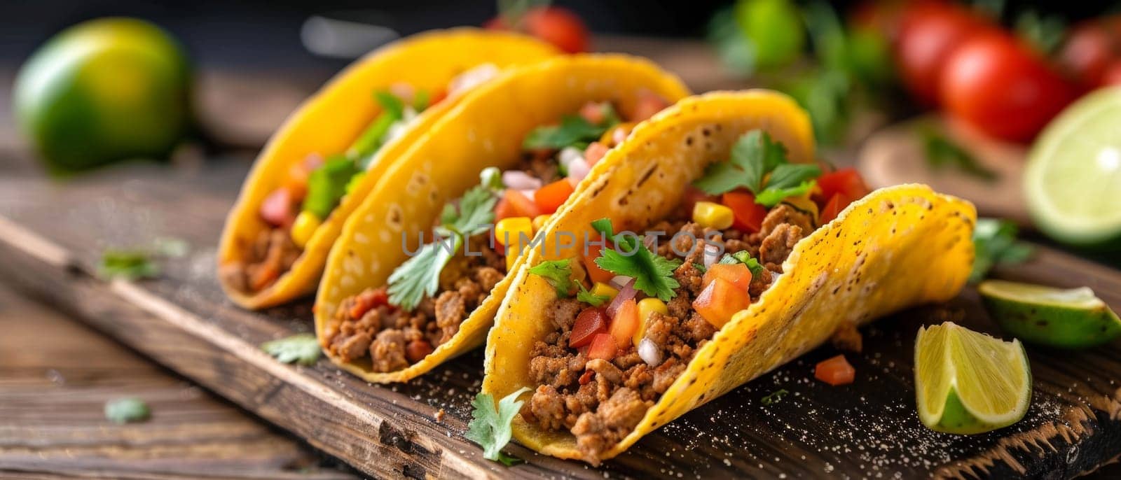 A row of crunchy ground beef tacos garnished with fresh parsley, lime wedges, and a dusting of spices on a wooden board. by sfinks