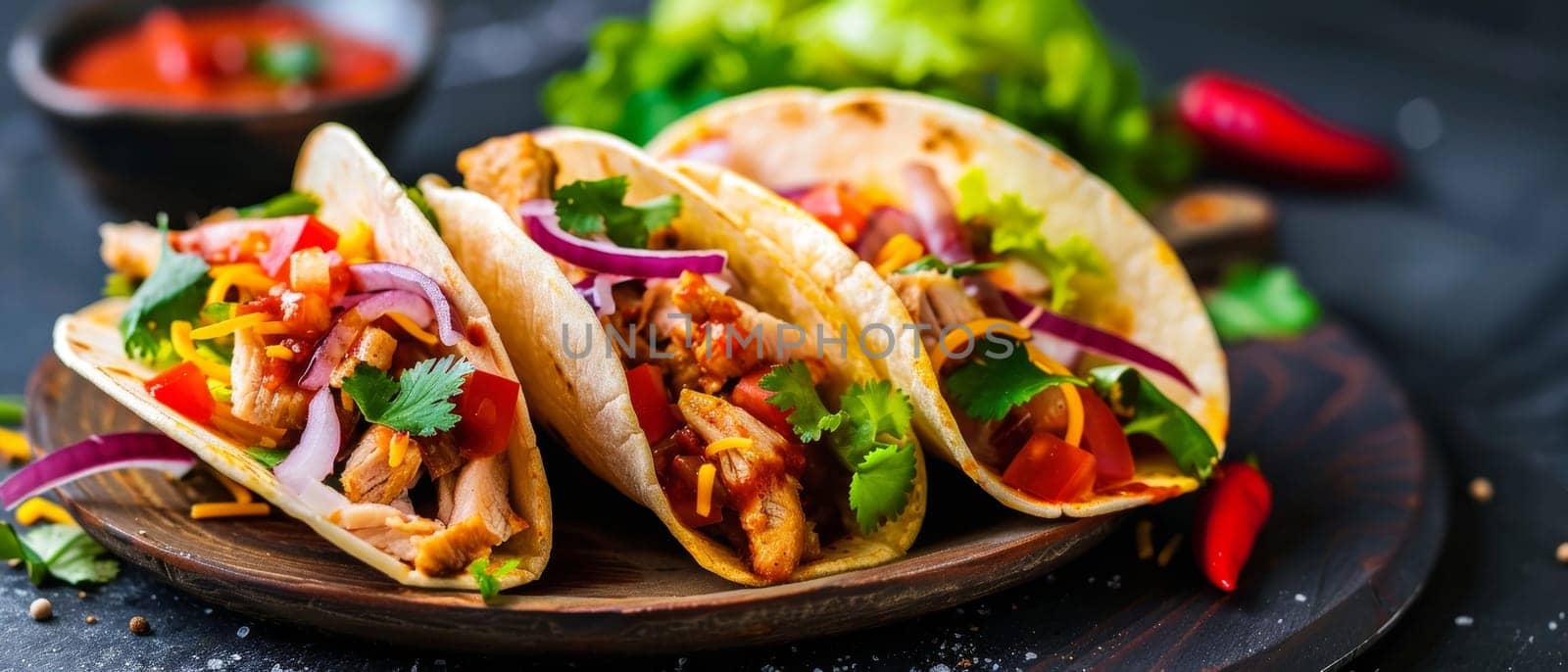 Soft tacos filled with grilled chicken, adorned with colorful bell peppers, red onion, and a sprinkle of cheese, presented on a dark plate